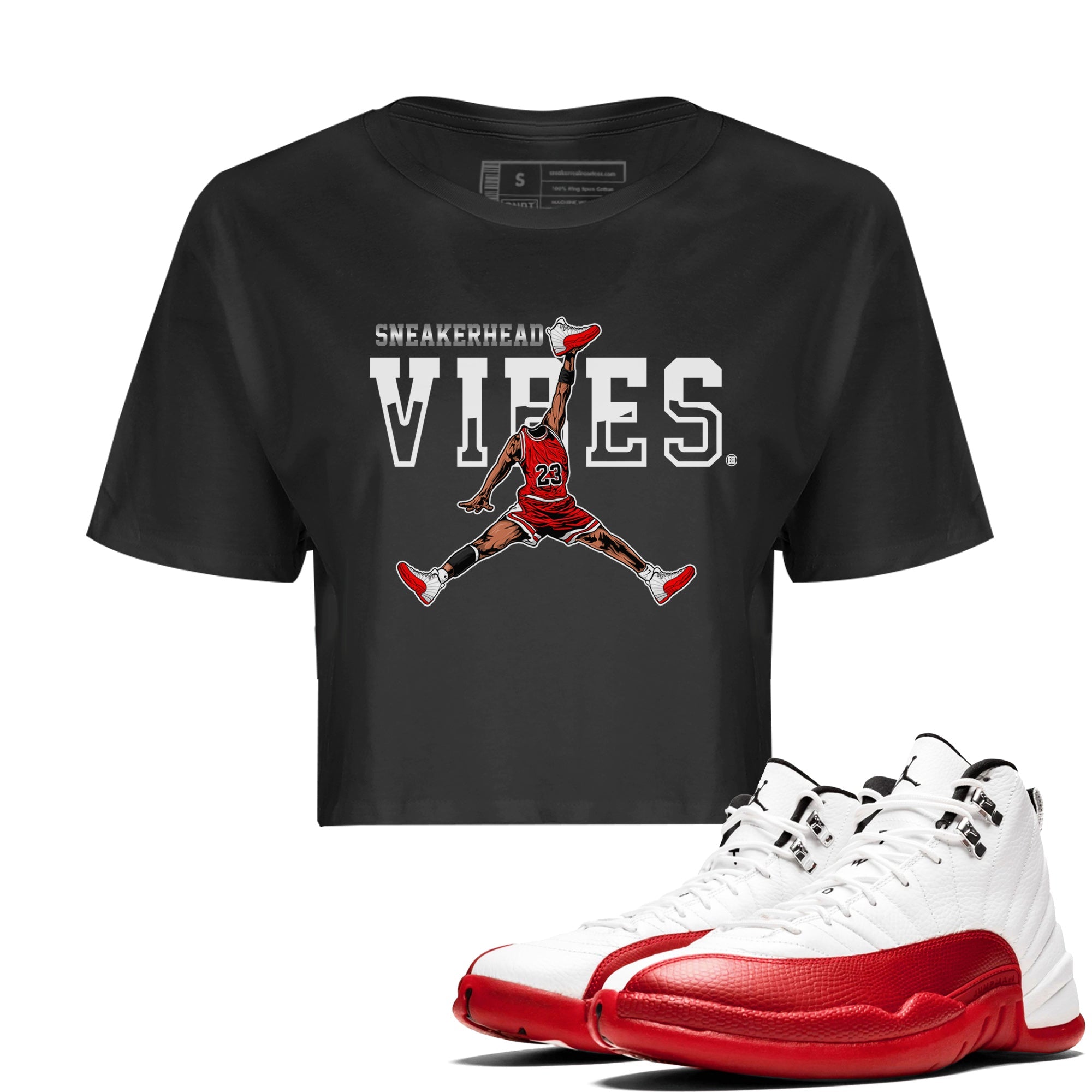 12s Cherry Sneaker Match Tees Jumpman Sneakerhead Vibes Sneaker Tees Air Jordan 12 Cherry Sneaker Release Tees Women's Shirts Black 1