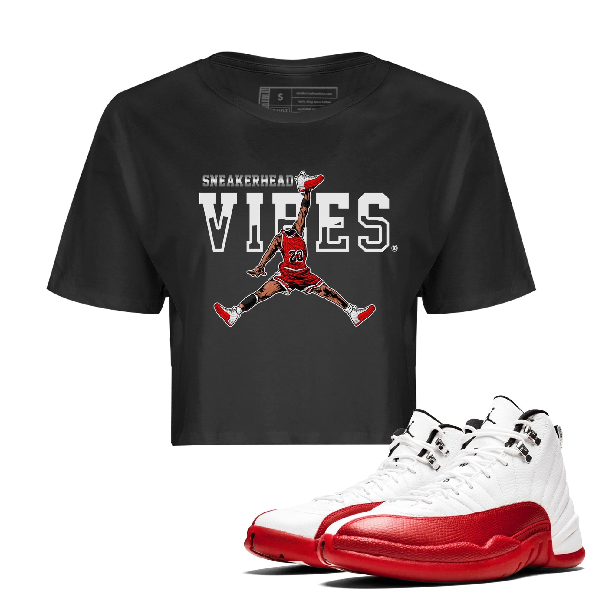 12s Cherry Sneaker Match Tees Jumpman Sneakerhead Vibes Sneaker Tees Air Jordan 12 Cherry Sneaker Release Tees Women's Shirts Black 1