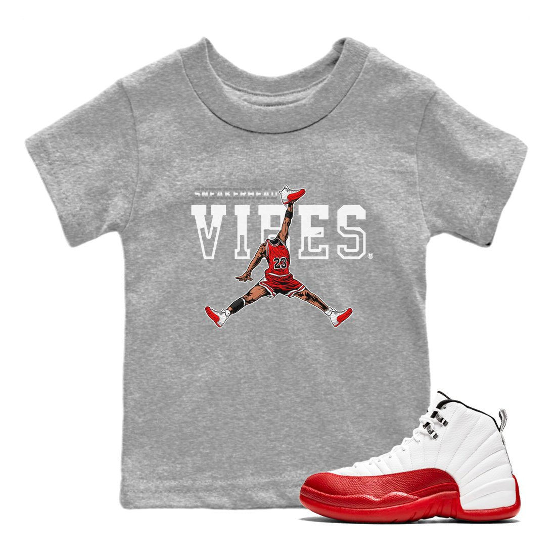 12s Cherry Sneaker Match Tees Jumpman Sneakerhead Vibes Sneaker Tees Air Jordan 12 Cherry Sneaker Release Tees Kids Shirts Heather Grey 1