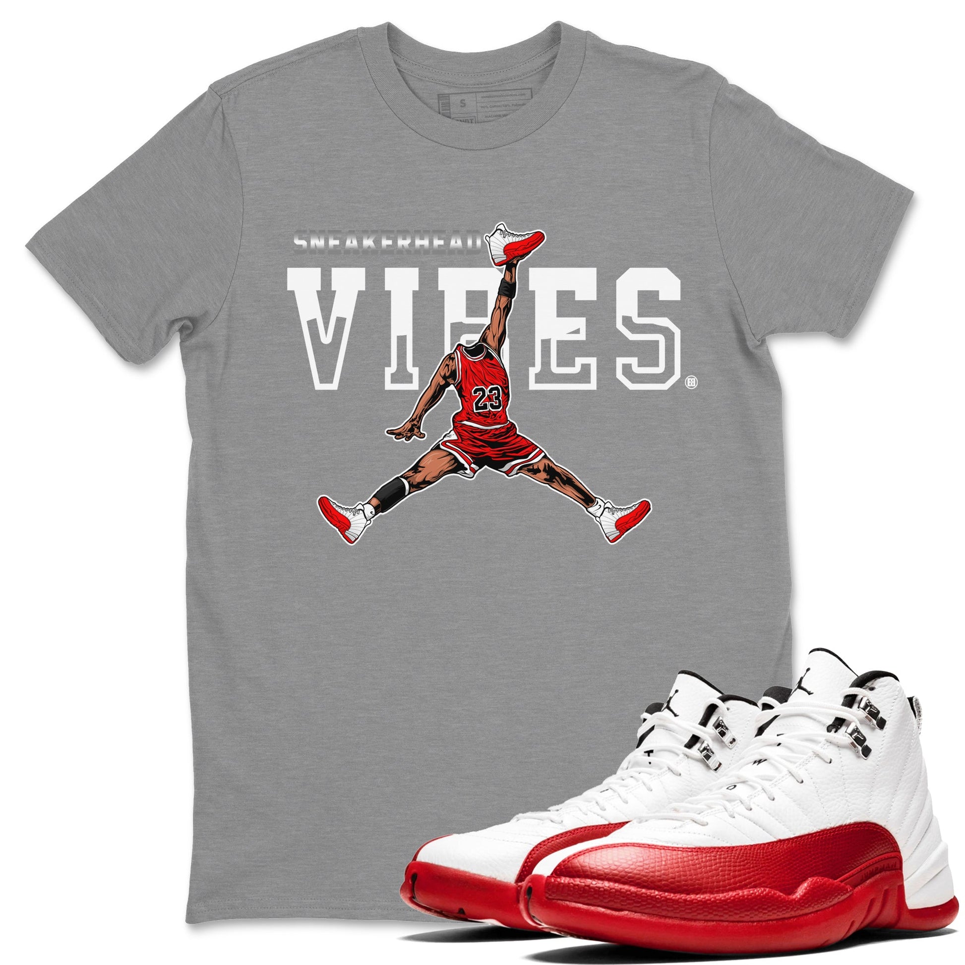 12s Cherry Sneaker Match Tees Jumpman Sneakerhead Vibes Sneaker Tees Air Jordan 12 Cherry Sneaker Release Tees Unisex Shirts Heather Grey 1