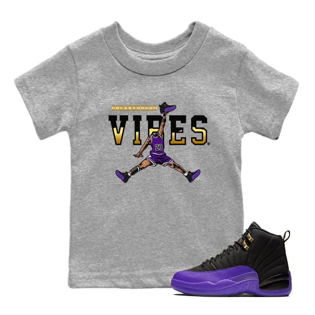 Air Jordan 12 Field Purple Sneaker Match Tees Sneakerhead Vibes Sneaker Tees AJ12 Field Purple Sneaker Release Tees Kids Shirts Heather Grey 1