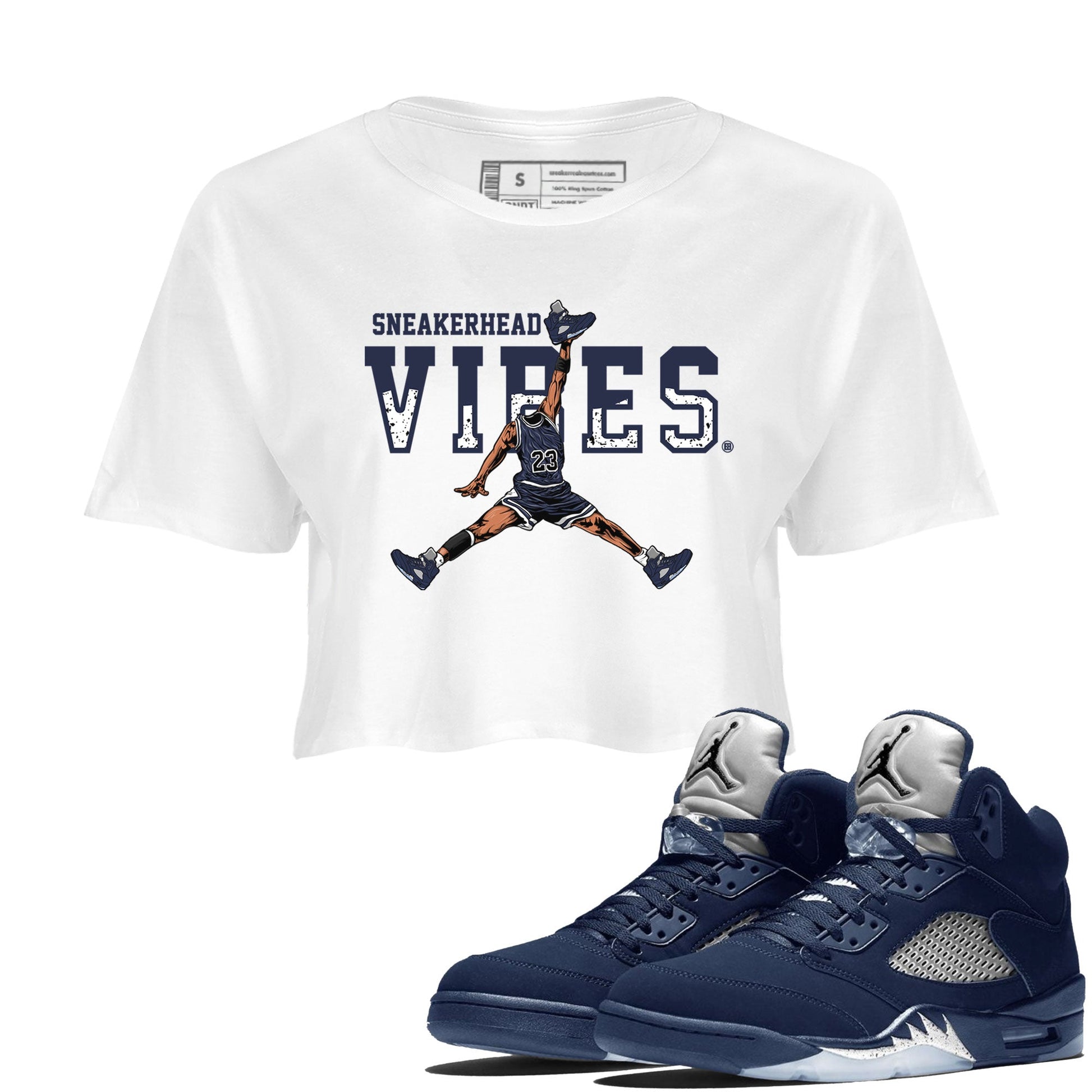Midnight Navy 5s shirt to match jordans Sneakerhead Vibes sneaker tees Air Jordan 5 Retro Midnight Navy SNRT Sneaker Release Tees White 1 Crop T-Shirt