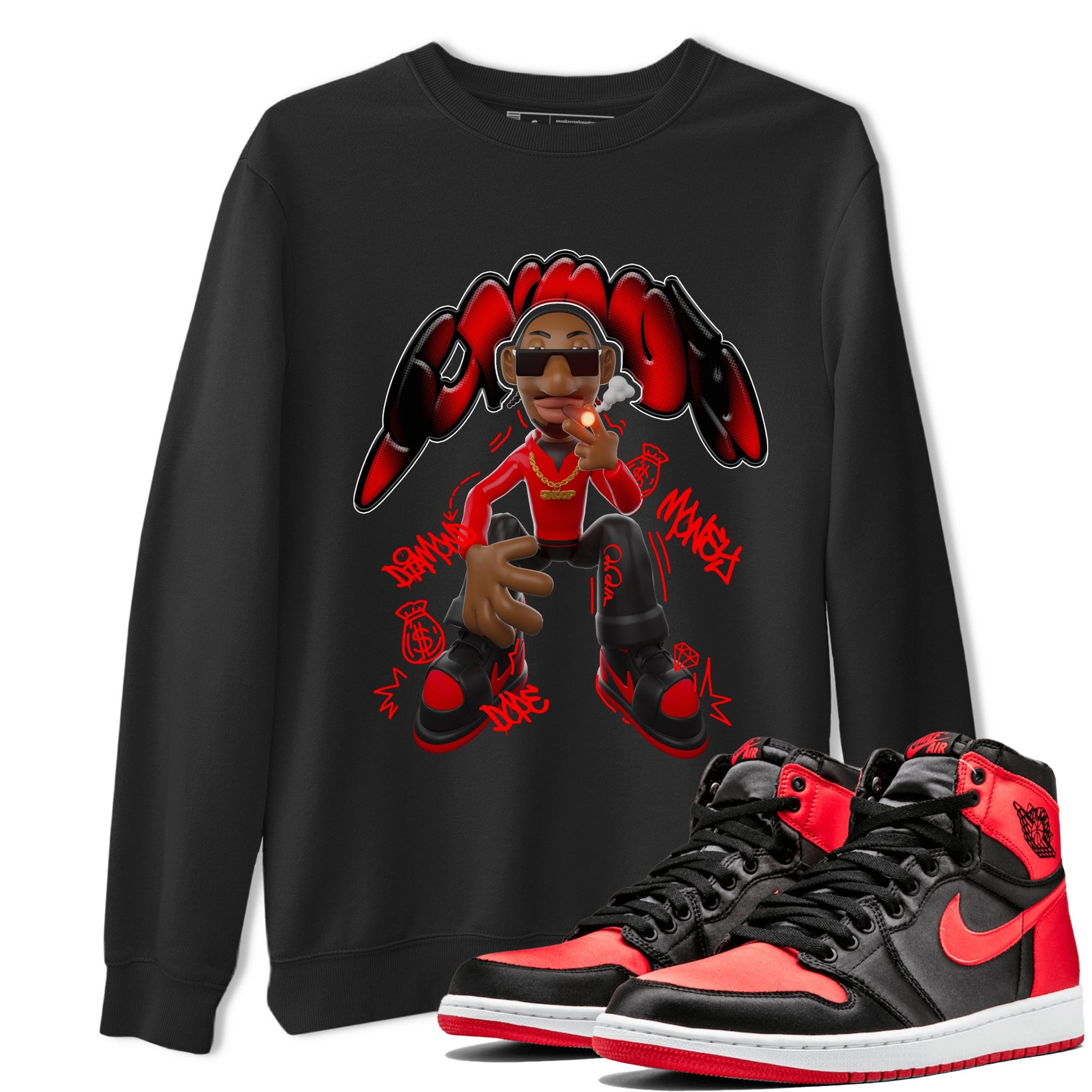 Air Jordan 1 Satin Bred shirt to match jordans Snoop sneaker tees AJ1Satin Bred SNRT Sneaker Release Tees Unisex Black 1 T-Shirt
