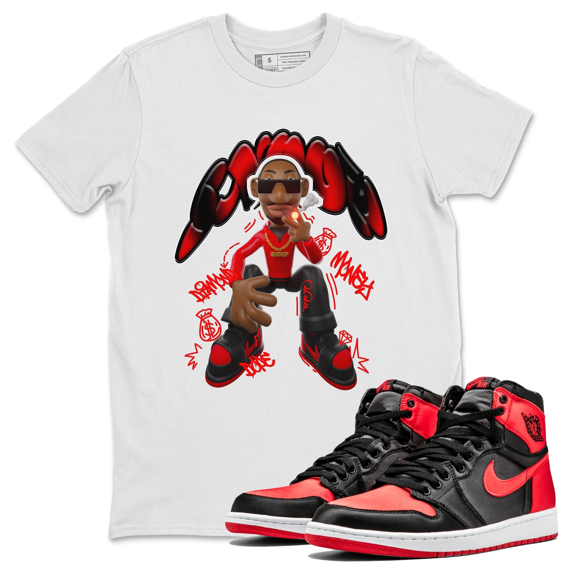 Air Jordan 1 Satin Bred shirt to match jordans Snoop sneaker tees AJ1Satin Bred SNRT Sneaker Release Tees Unisex White 1 T-Shirt