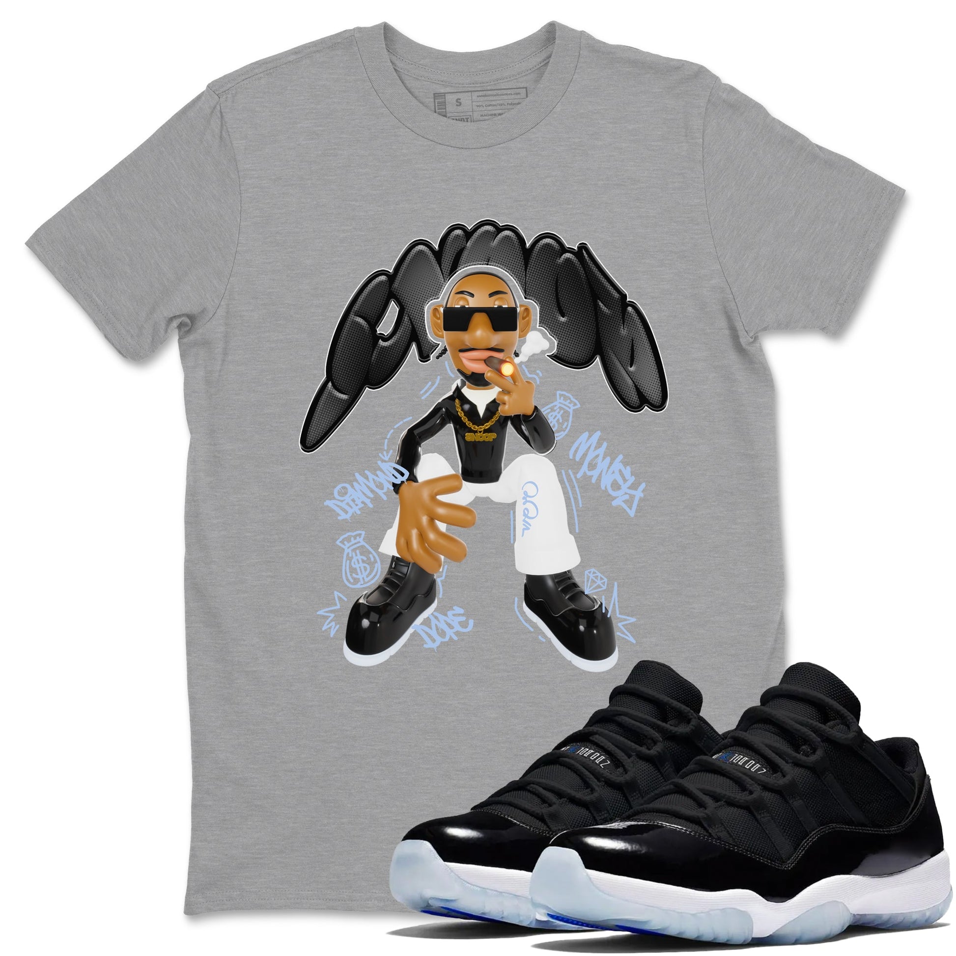 11s Black and Varsity Royal shirt to match jordans Snoop sneaker tees Air Jordan 11 Black/Varsity Royal SNRT Sneaker Release Tees Unisex Heather Grey 1 T-Shirt