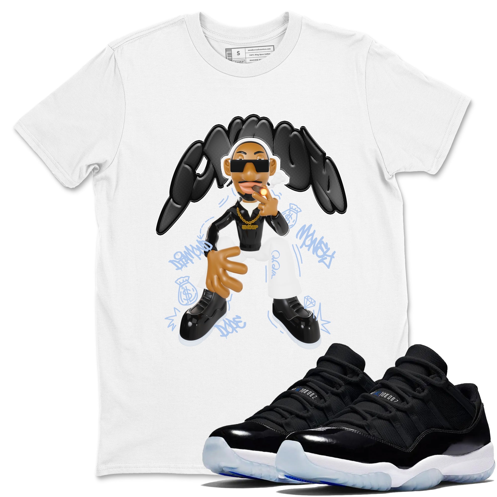 11s Black and Varsity Royal shirt to match jordans Snoop sneaker tees Air Jordan 11 Black/Varsity Royal SNRT Sneaker Release Tees Unisex White 1 T-Shirt