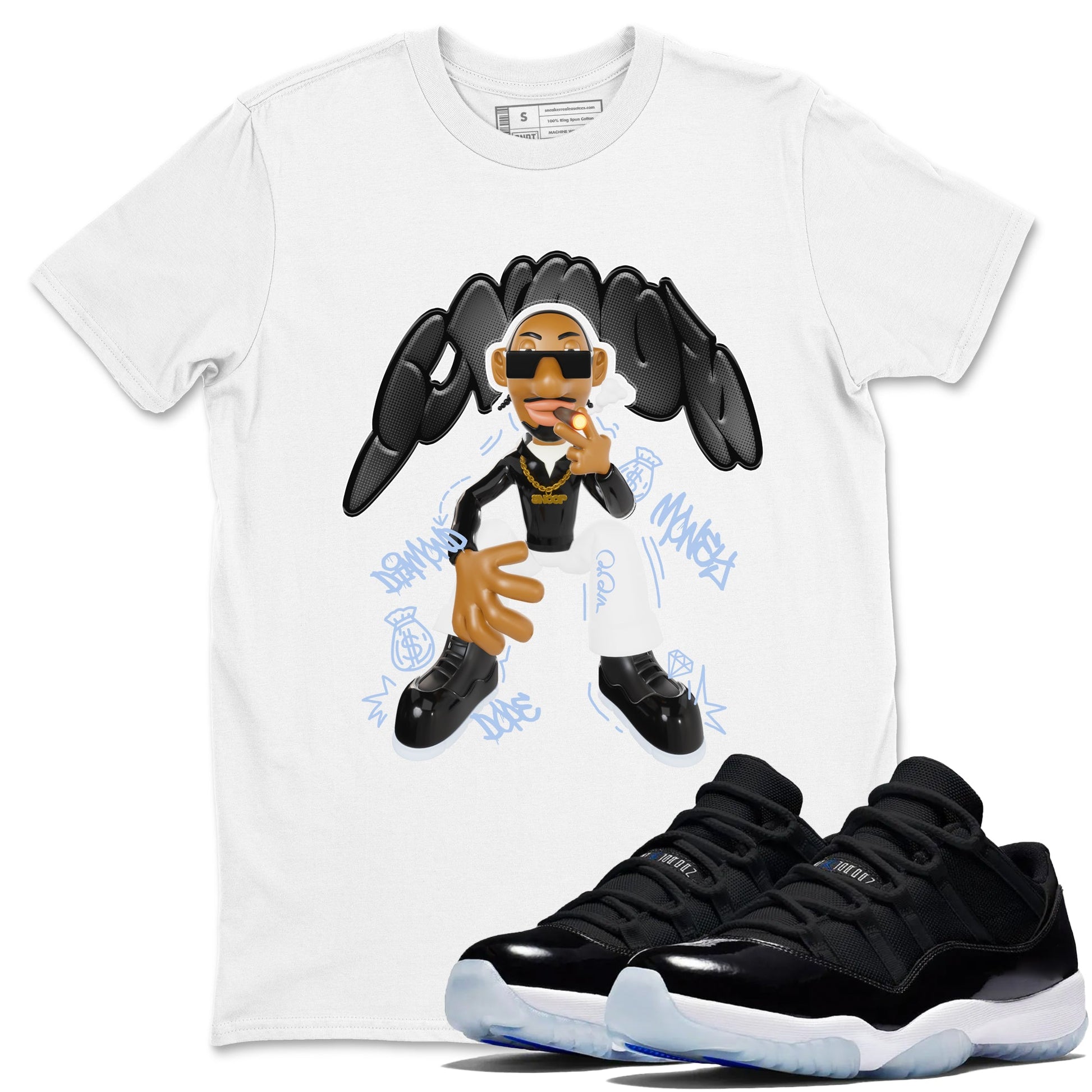 11s Black and Varsity Royal shirt to match jordans Snoop sneaker tees Air Jordan 11 Black/Varsity Royal SNRT Sneaker Release Tees Unisex White 1 T-Shirt