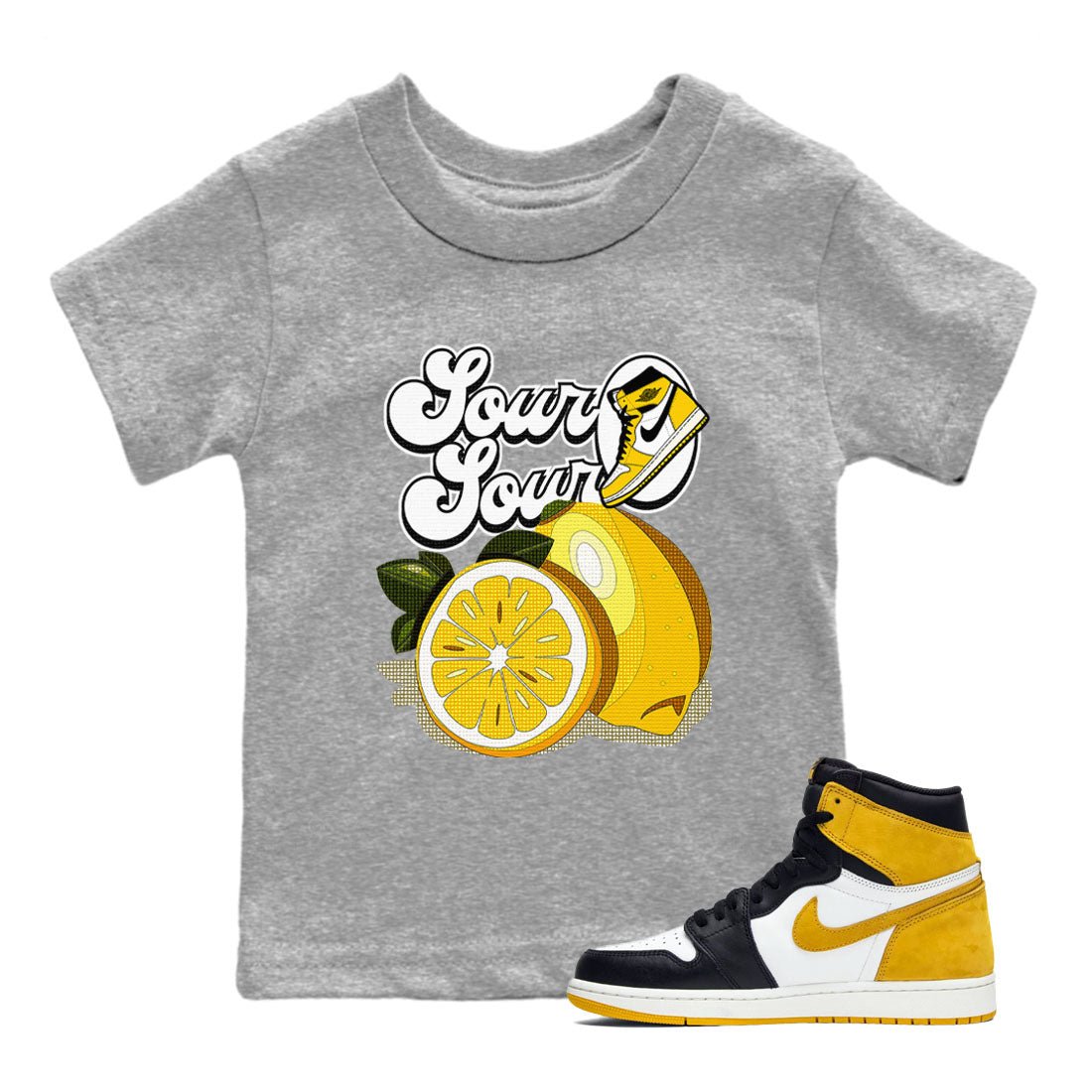 1s Yellow Ochre shirt to match jordans Sour And Sour sneaker tees streetwear brand Air Jordan 1 High OG Yellow Ochre SNRT sneaker release tees baby toddler Heather Grey 1 cotton Shirt