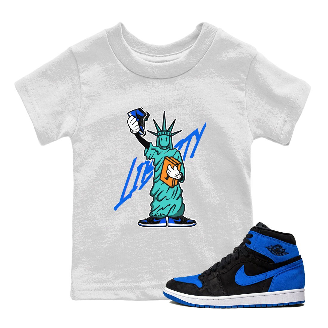 Air Jordan 1 Royal Reimagined shirt to match jordans Statue Of Liberty sneaker tees AJ1 Royal Reimagined SNRT Sneaker Release Tees Baby Toddler White 1 T-Shirt