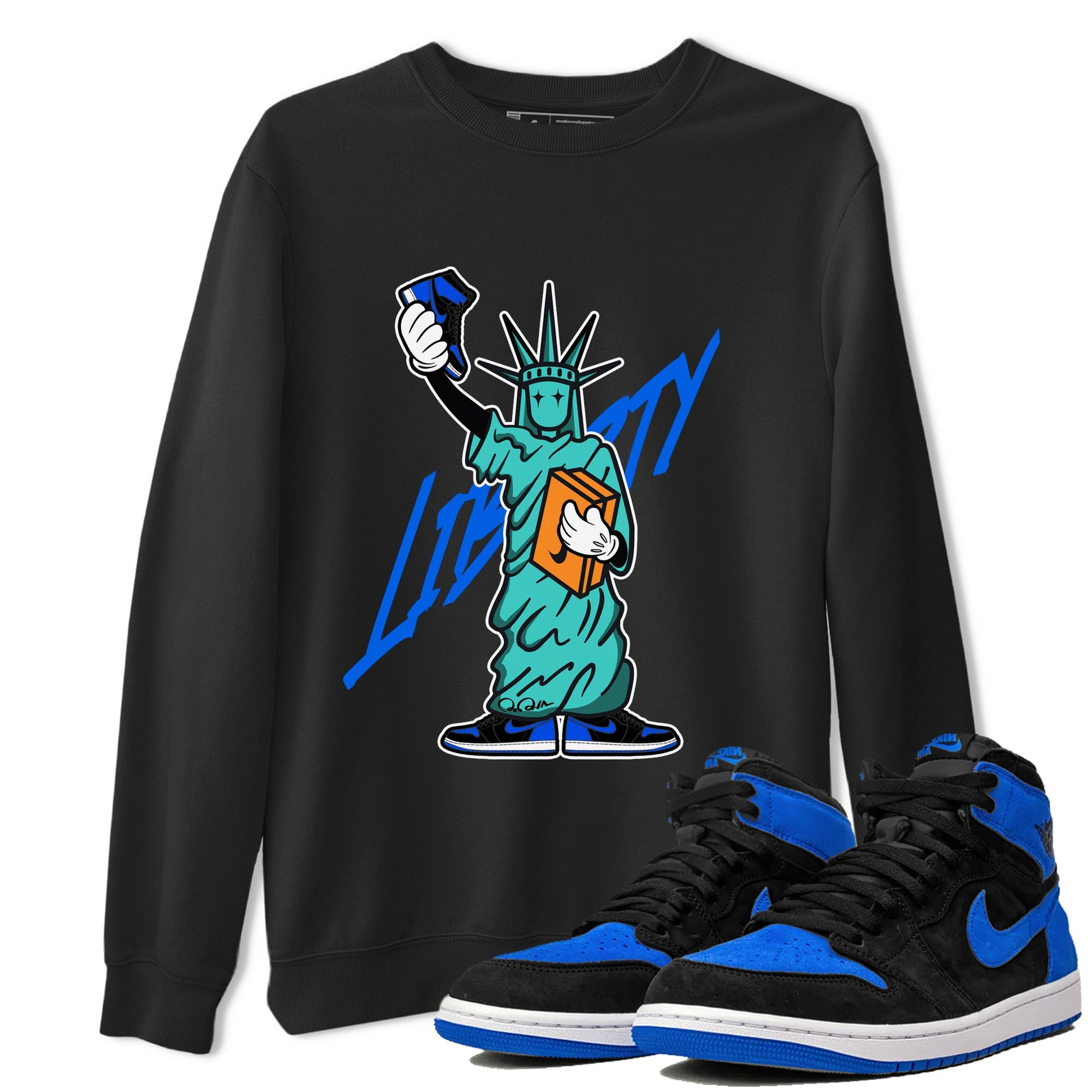 Air Jordan 1 Royal Reimagined shirt to match jordans Statue Of Liberty sneaker tees AJ1 Royal Reimagined SNRT Sneaker Release Tees Unisex Black 1 T-Shirt