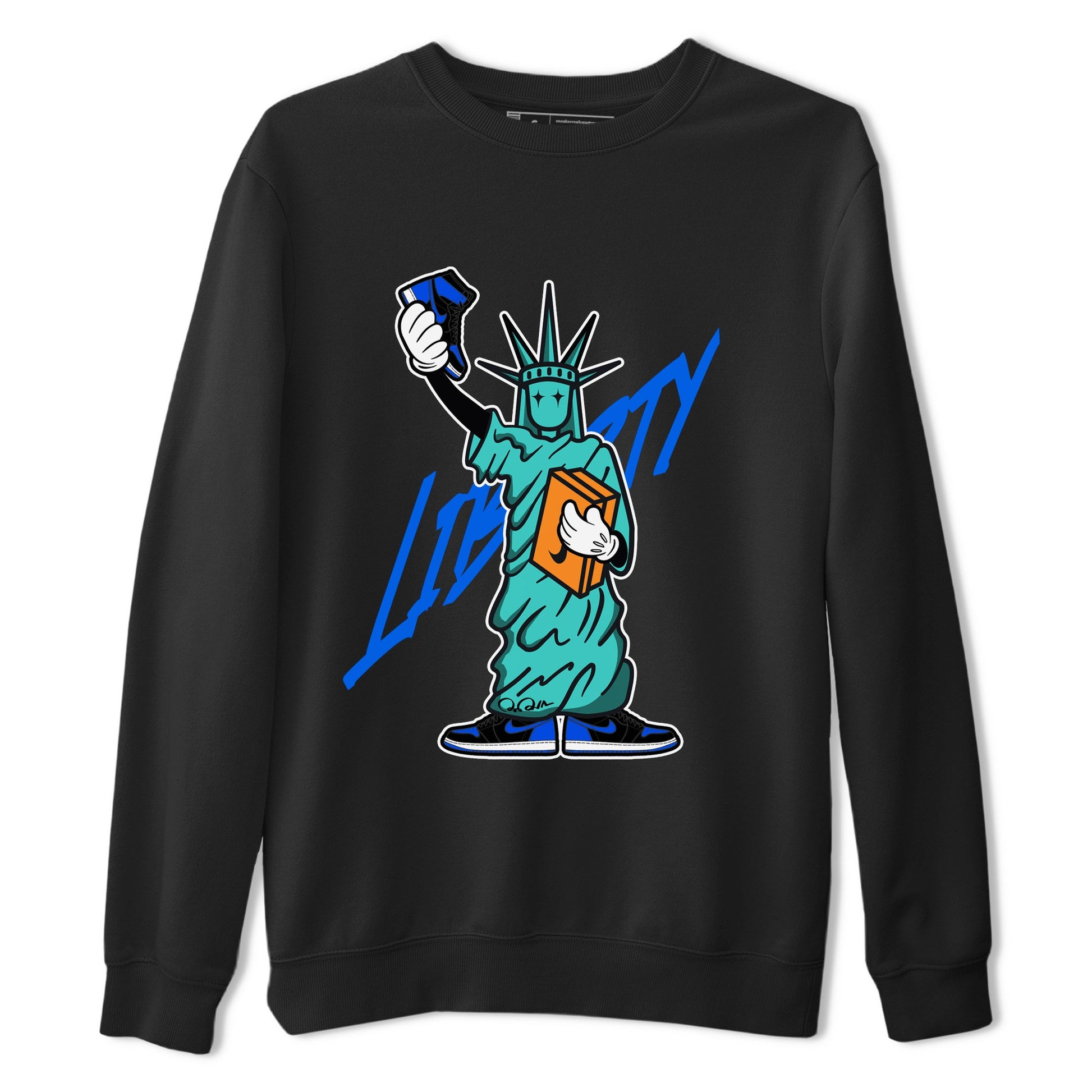 Air Jordan 1 Royal Reimagined shirt to match jordans Statue Of Liberty sneaker tees AJ1 Royal Reimagined SNRT Sneaker Release Tees Unisex Black 2 T-Shirt