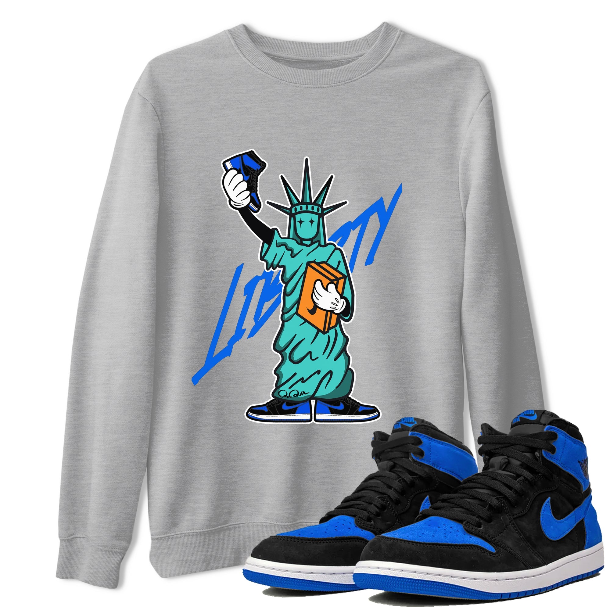 Air Jordan 1 Royal Reimagined shirt to match jordans Statue Of Liberty sneaker tees AJ1 Royal Reimagined SNRT Sneaker Release Tees Unisex Heather Grey 1 T-Shirt