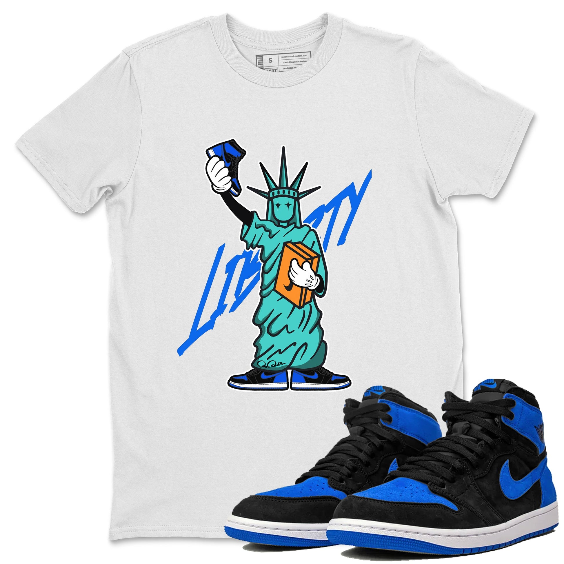 Air Jordan 1 Royal Reimagined shirt to match jordans Statue Of Liberty sneaker tees AJ1 Royal Reimagined SNRT Sneaker Release Tees Unisex White 1 T-Shirt