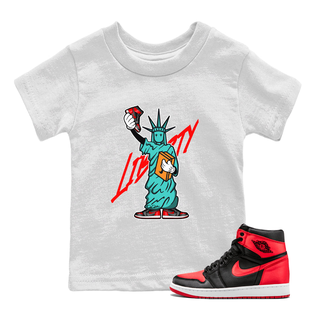 Air Jordan 1 Satin Bred shirt to match jordans Statue Of Liberty sneaker tees AJ1 Satin Bred SNRT Sneaker Release Tees Baby Toddler White 1 T-Shirt