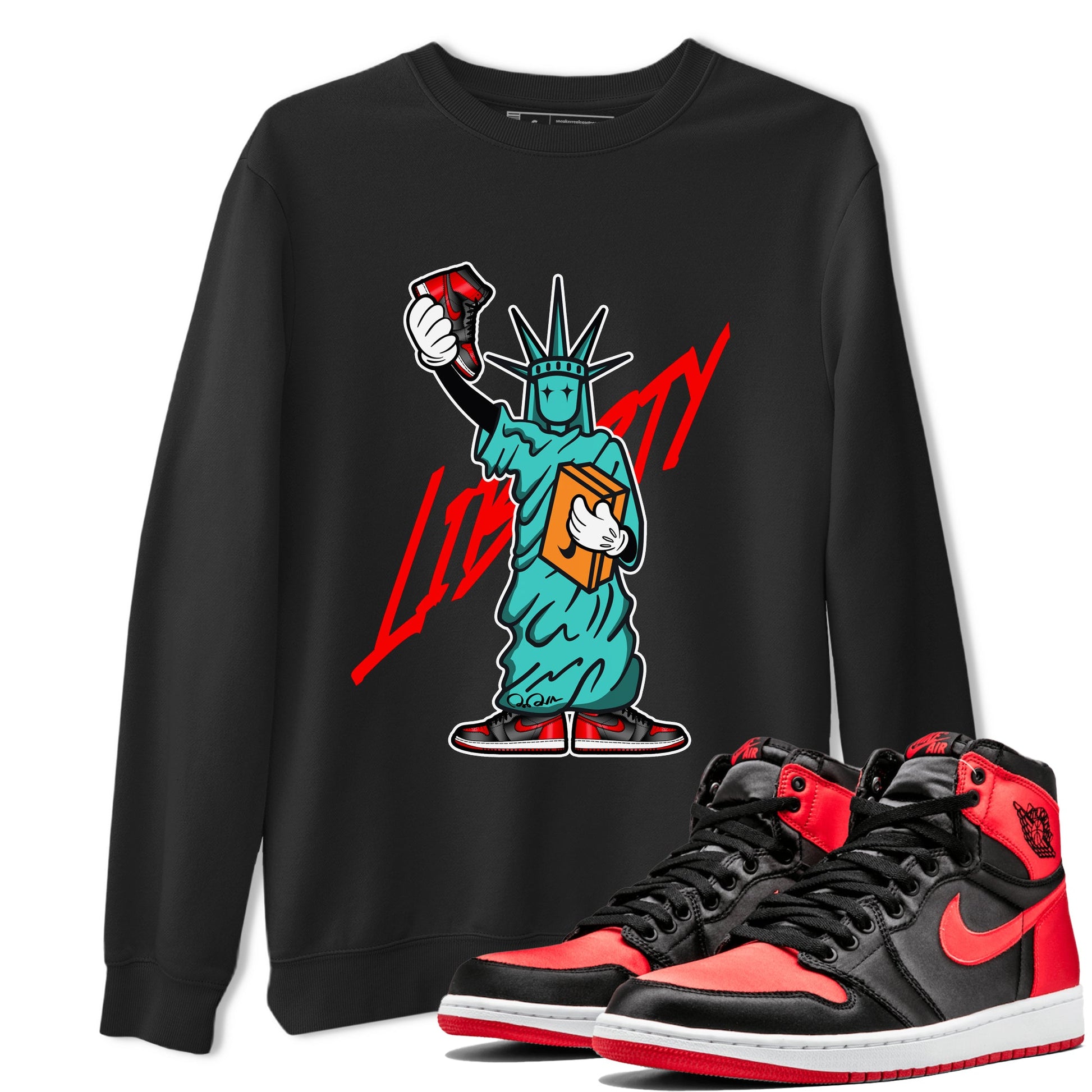 Air Jordan 1 Satin Bred shirt to match jordans Statue Of Liberty sneaker tees AJ1 Satin Bred SNRT Sneaker Release Tees Unisex Black 1 T-Shirt