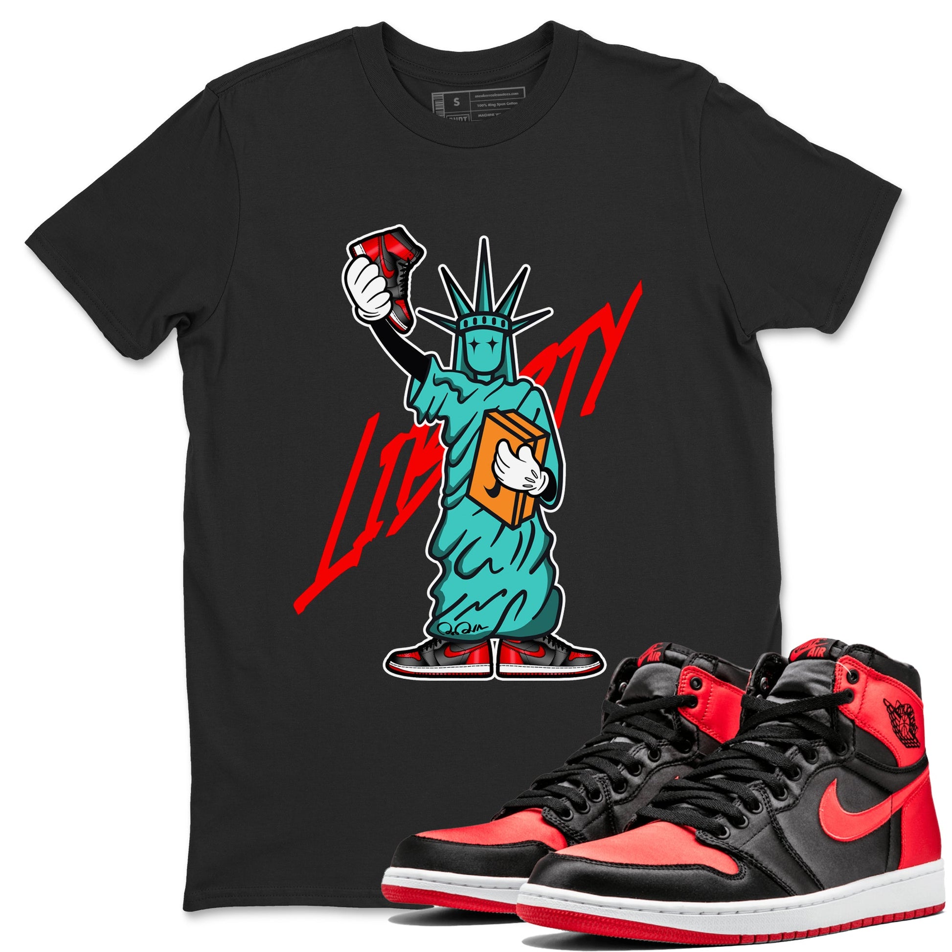 Air Jordan 1 Satin Bred shirt to match jordans Statue Of Liberty sneaker tees AJ1 Satin Bred SNRT Sneaker Release Tees Unisex Black 1 T-Shirt