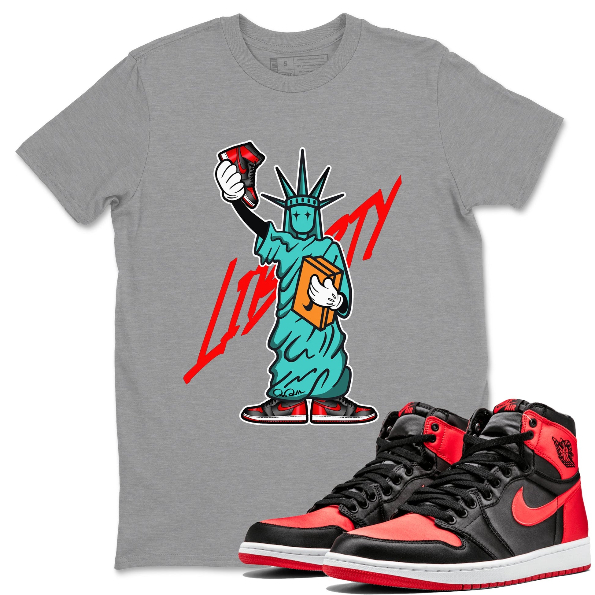 Air Jordan 1 Satin Bred shirt to match jordans Statue Of Liberty sneaker tees AJ1 Satin Bred SNRT Sneaker Release Tees Unisex Heather Grey 1 T-Shirt