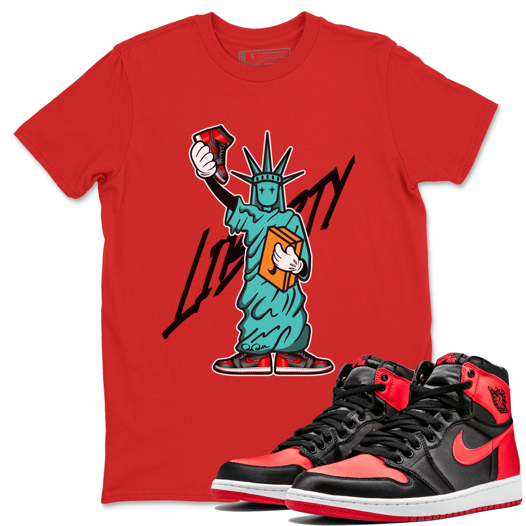 Air Jordan 1 Satin Bred shirt to match jordans Statue Of Liberty sneaker tees AJ1 Satin Bred SNRT Sneaker Release Tees Unisex Red 1 T-Shirt