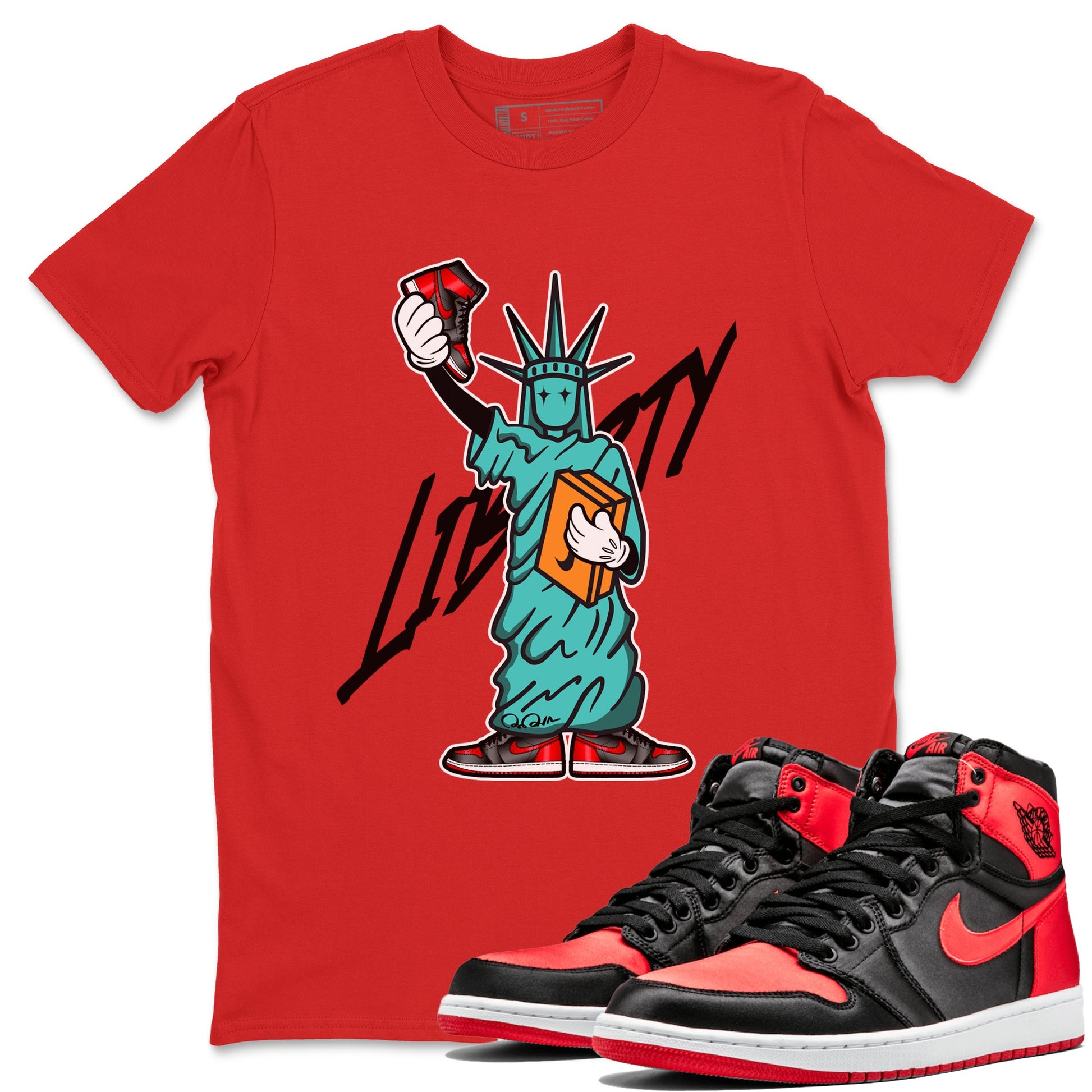 Air Jordan 1 Satin Bred shirt to match jordans Statue Of Liberty sneaker tees AJ1 Satin Bred SNRT Sneaker Release Tees Unisex Red 1 T-Shirt