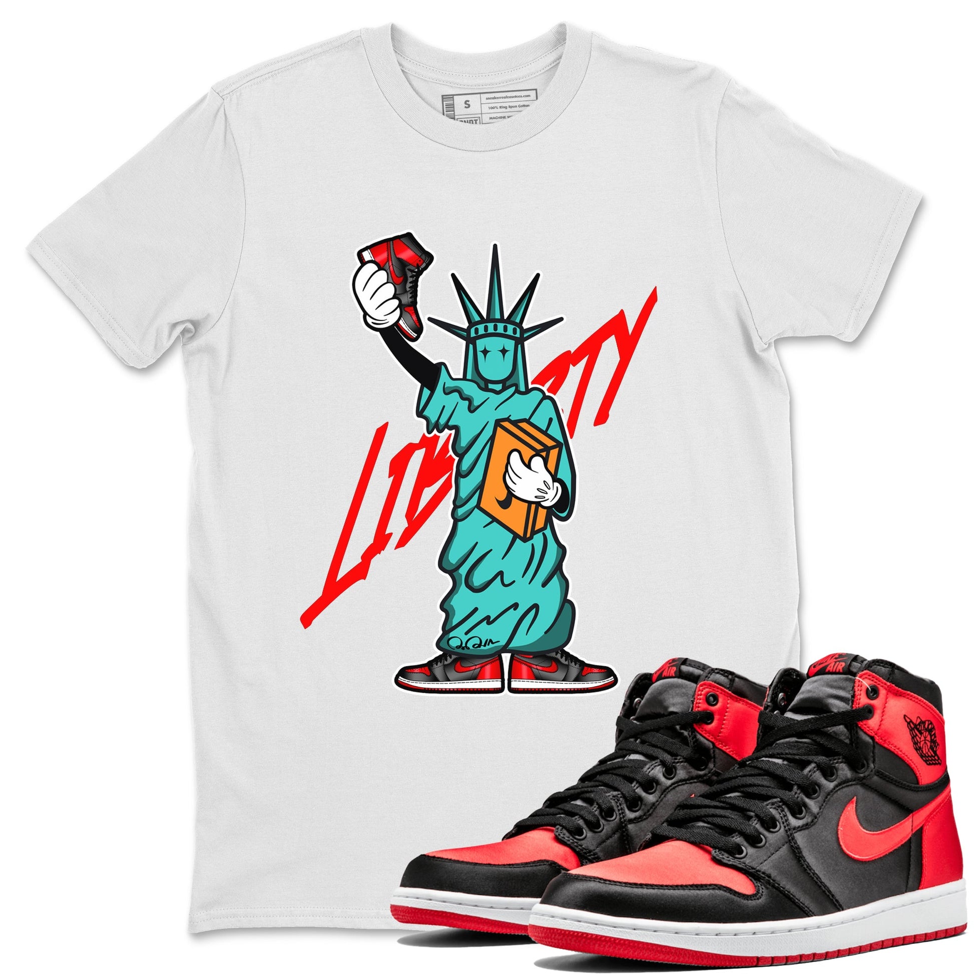 Air Jordan 1 Satin Bred shirt to match jordans Statue Of Liberty sneaker tees AJ1 Satin Bred SNRT Sneaker Release Tees Unisex White 1 T-Shirt