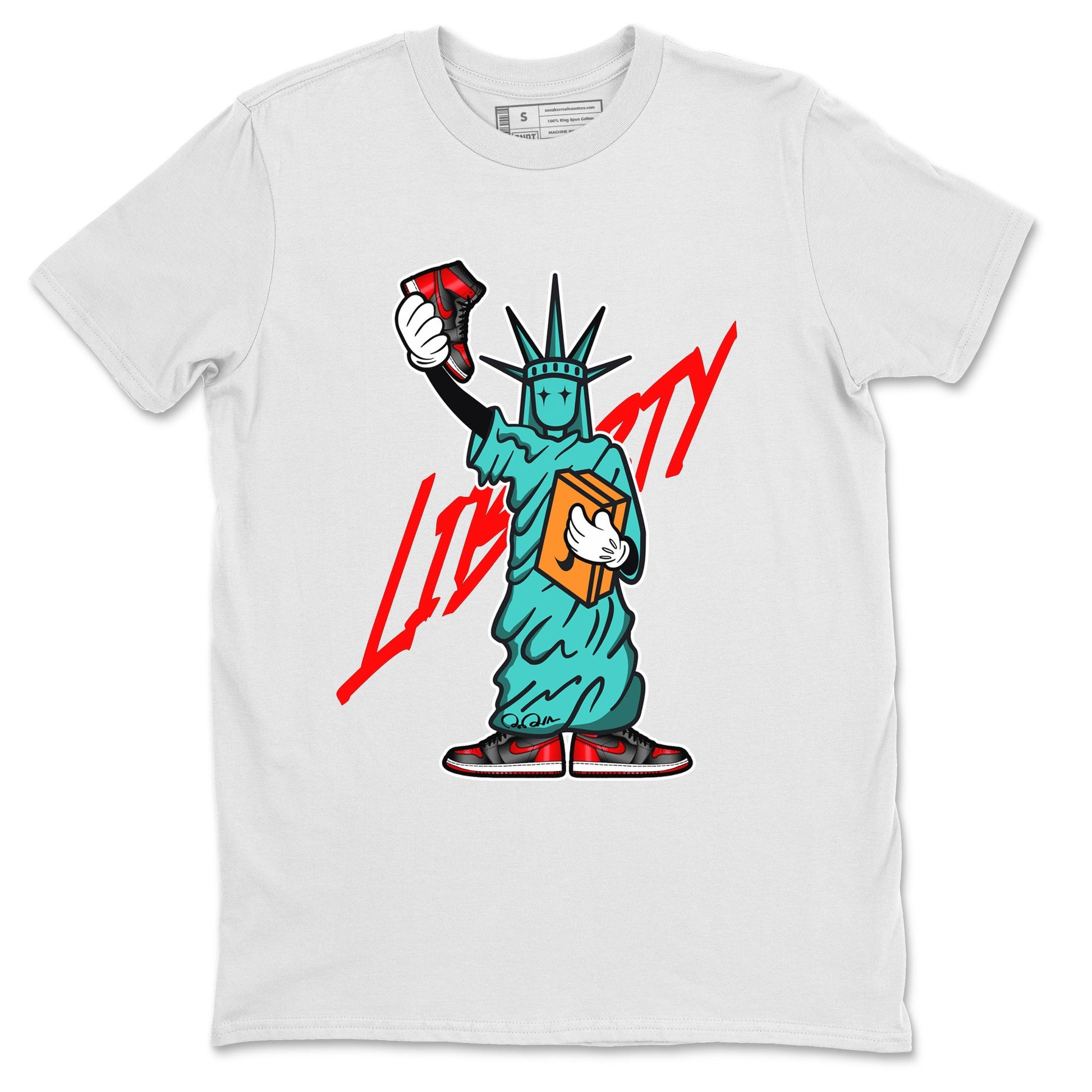 Air Jordan 1 Satin Bred shirt to match jordans Statue Of Liberty sneaker tees AJ1 Satin Bred SNRT Sneaker Release Tees Unisex White 2 T-Shirt