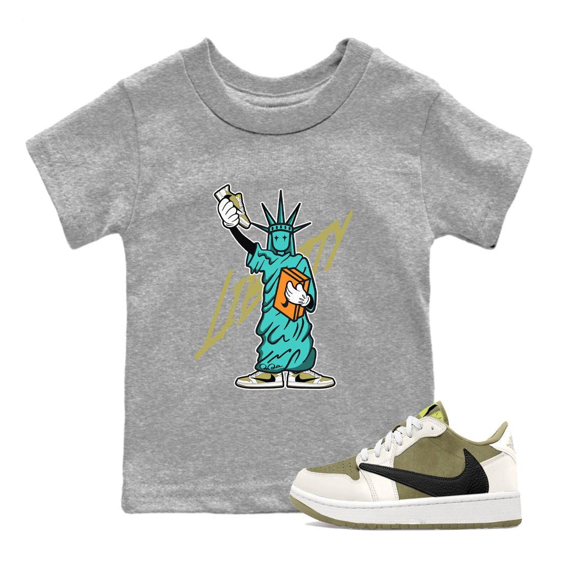 Air Jordan 1 Travis Scott Golf Olive shirt to match jordans Statue Of Liberty sneaker tees AJ1 Travis Scott Golf Olive SNRT Sneaker Release Tees Baby Toddler Heather Grey 1 T-Shirt