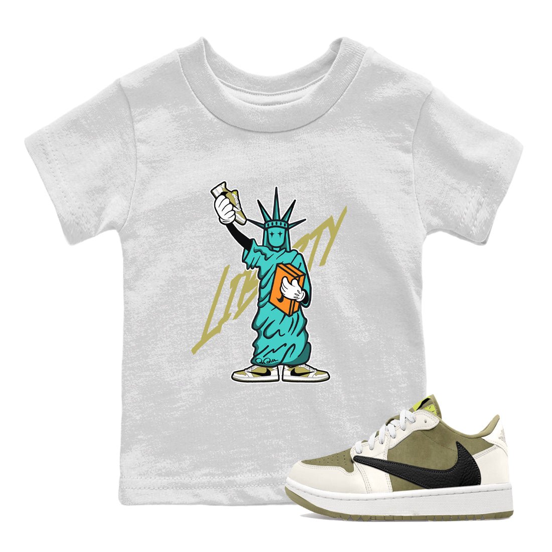 Air Jordan 1 Travis Scott Golf Olive shirt to match jordans Statue Of Liberty sneaker tees AJ1 Travis Scott Golf Olive SNRT Sneaker Release Tees Baby Toddler White 1 T-Shirt