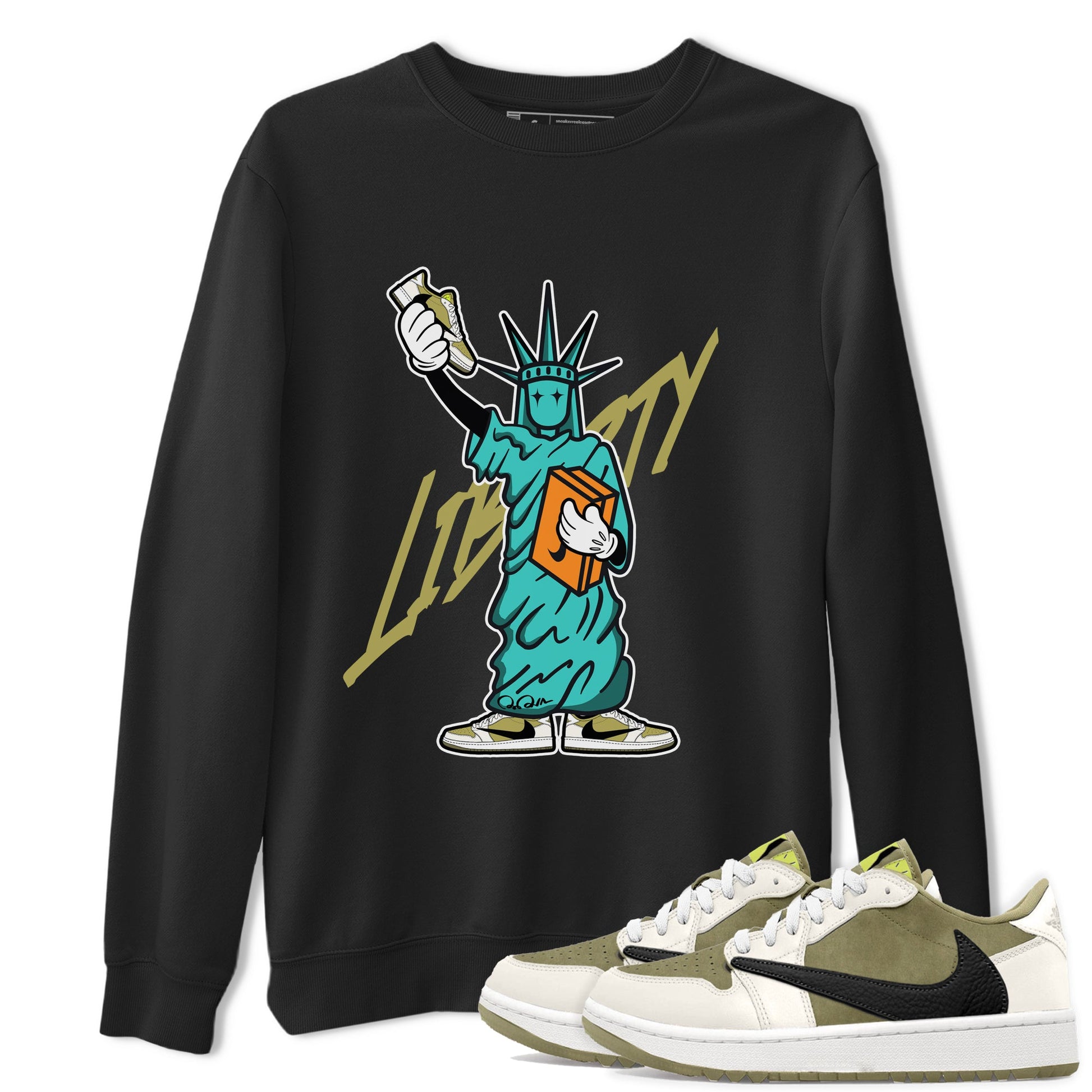 Air Jordan 1 Travis Scott Golf Olive shirt to match jordans Statue Of Liberty sneaker tees AJ1 Travis Scott Golf Olive SNRT Sneaker Release Tees Unisex Black 1 T-Shirt