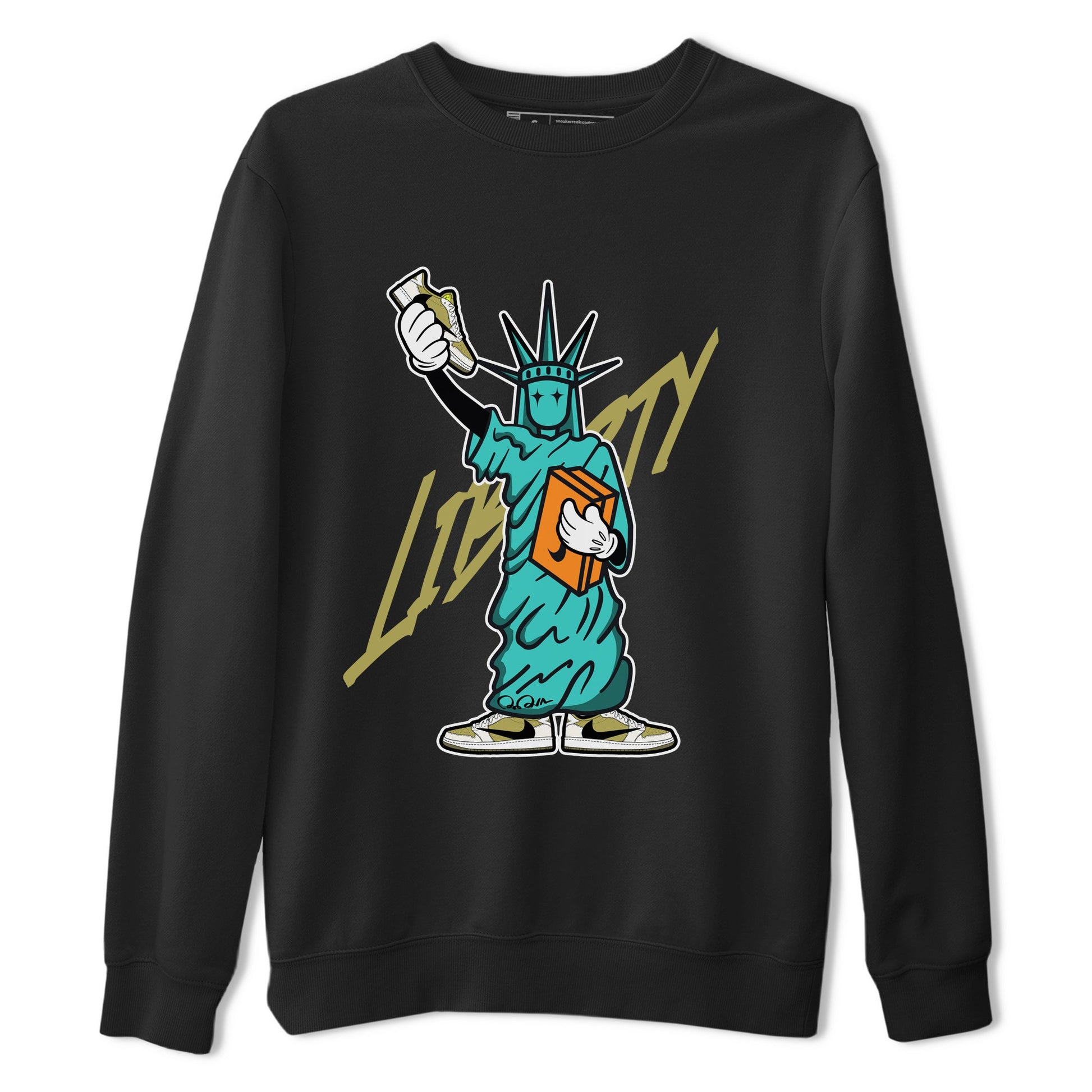 Air Jordan 1 Travis Scott Golf Olive shirt to match jordans Statue Of Liberty sneaker tees AJ1 Travis Scott Golf Olive SNRT Sneaker Release Tees Unisex Black 2 T-Shirt