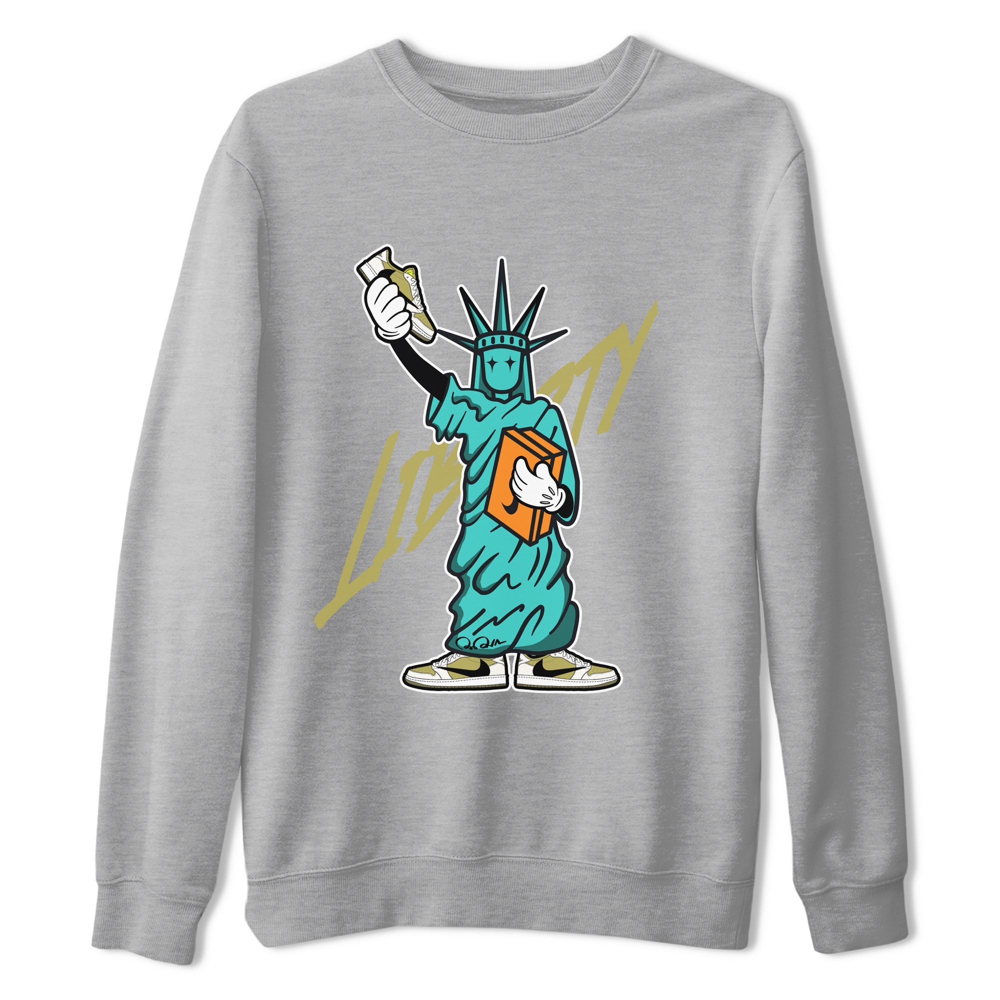 Air Jordan 1 Travis Scott Golf Olive shirt to match jordans Statue Of Liberty sneaker tees AJ1 Travis Scott Golf Olive SNRT Sneaker Release Tees Unisex Heather Grey 2 T-Shirt