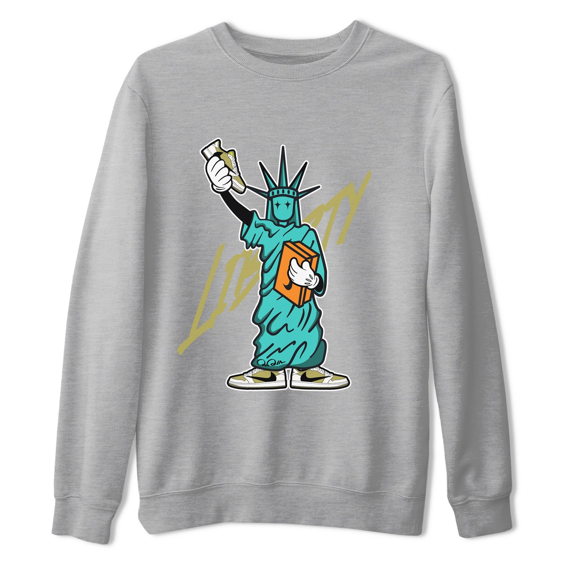 Air Jordan 1 Travis Scott Golf Olive shirt to match jordans Statue Of Liberty sneaker tees AJ1 Travis Scott Golf Olive SNRT Sneaker Release Tees Unisex Heather Grey 2 T-Shirt