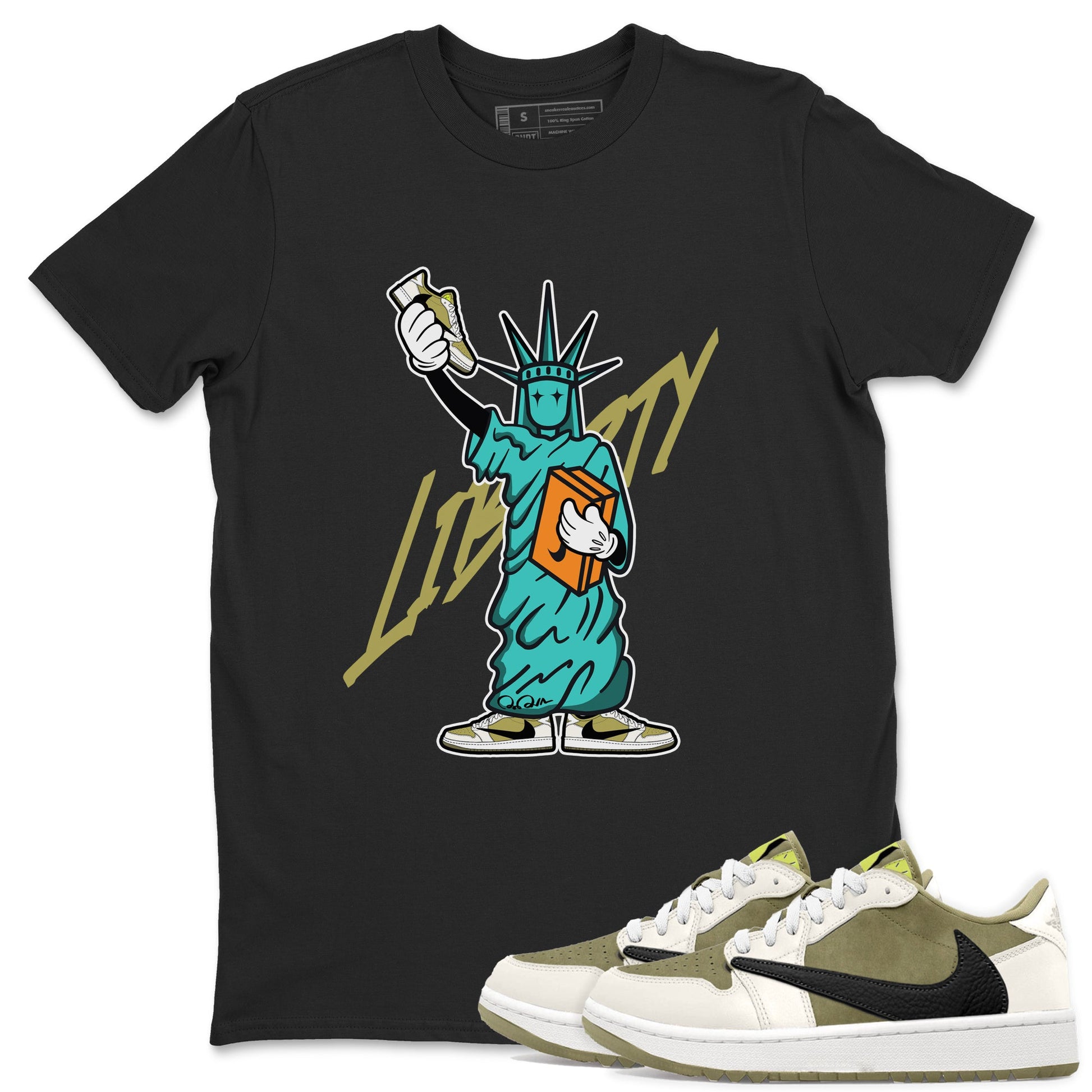 Air Jordan 1 Travis Scott Golf Olive shirt to match jordans Statue Of Liberty sneaker tees AJ1 Travis Scott Golf Olive SNRT Sneaker Release Tees Unisex Black 1 T-Shirt