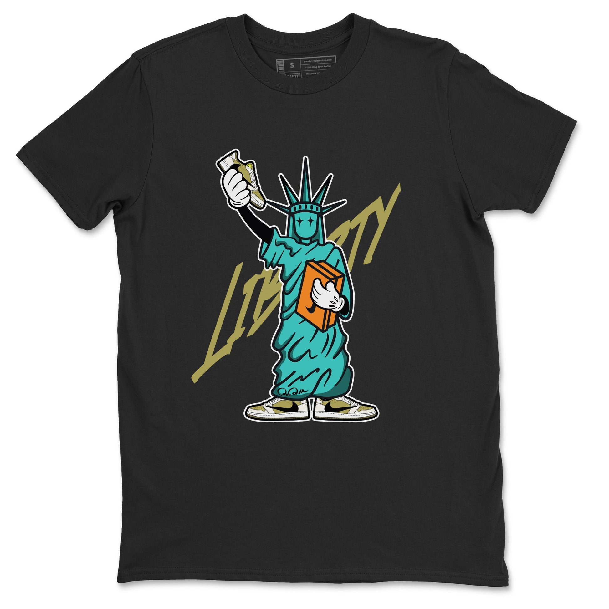 Air Jordan 1 Travis Scott Golf Olive shirt to match jordans Statue Of Liberty sneaker tees AJ1 Travis Scott Golf Olive SNRT Sneaker Release Tees Unisex Black 2 T-Shirt
