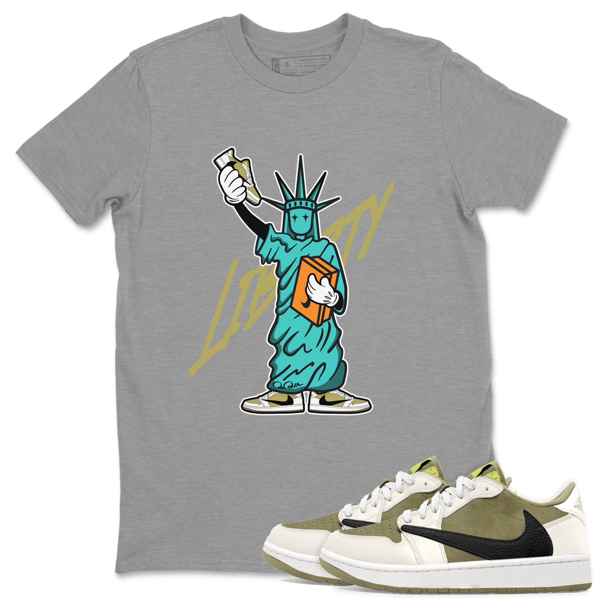 Air Jordan 1 Travis Scott Golf Olive shirt to match jordans Statue Of Liberty sneaker tees AJ1 Travis Scott Golf Olive SNRT Sneaker Release Tees Unisex Heather Grey 1 T-Shirt