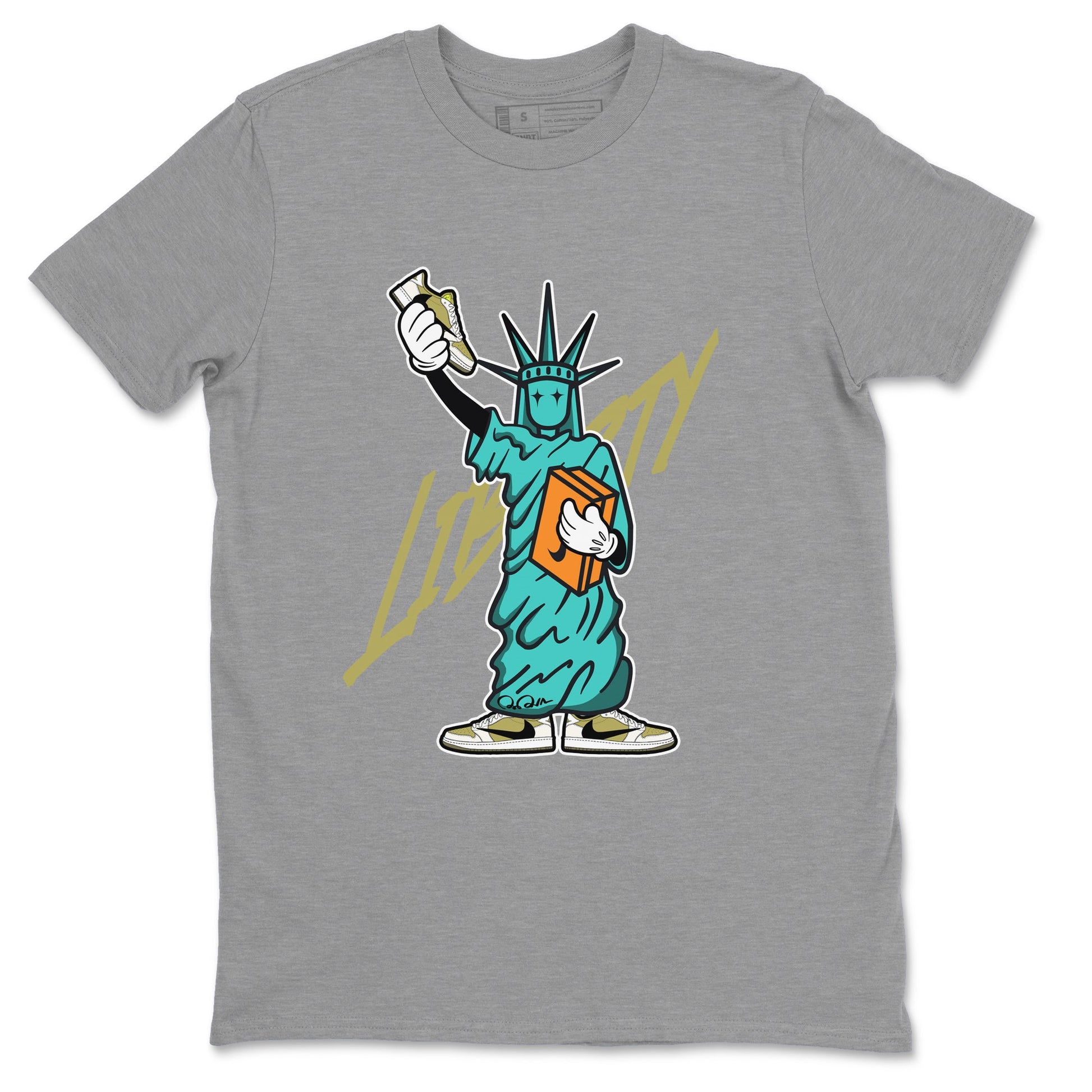 Air Jordan 1 Travis Scott Golf Olive shirt to match jordans Statue Of Liberty sneaker tees AJ1 Travis Scott Golf Olive SNRT Sneaker Release Tees Unisex Heather Grey 2 T-Shirt