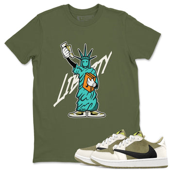 Air Jordan 1 Travis Scott Golf Olive shirt to match jordans Statue Of Liberty sneaker tees AJ1 Travis Scott Golf Olive SNRT Sneaker Release Tees Unisex Military Green 1 T-Shirt