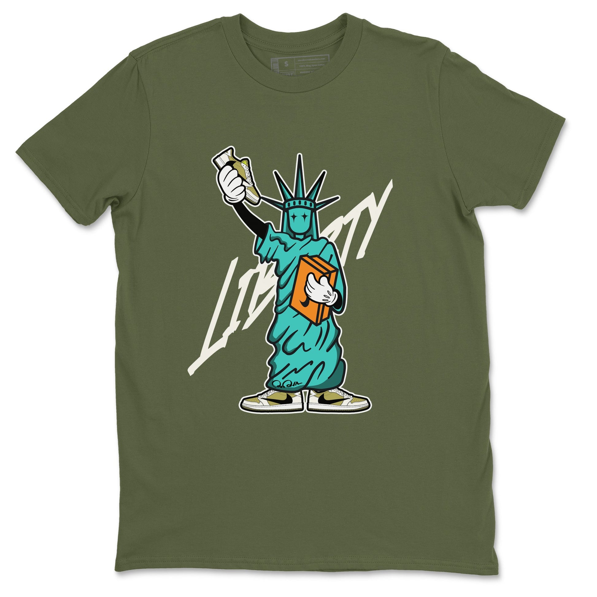 Air Jordan 1 Travis Scott Golf Olive shirt to match jordans Statue Of Liberty sneaker tees AJ1 Travis Scott Golf Olive SNRT Sneaker Release Tees Unisex Military Green 2 T-Shirt