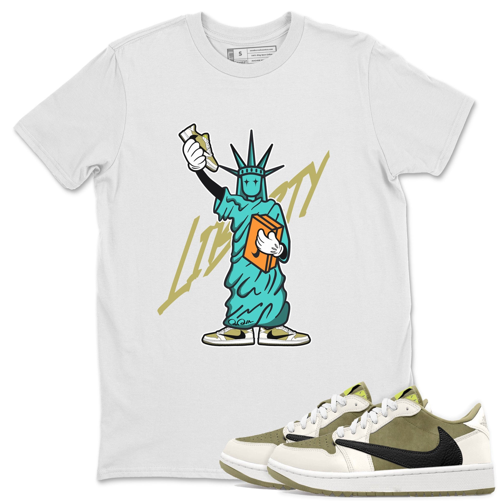 Air Jordan 1 Travis Scott Golf Olive shirt to match jordans Statue Of Liberty sneaker tees AJ1 Travis Scott Golf Olive SNRT Sneaker Release Tees Unisex White 1 T-Shirt