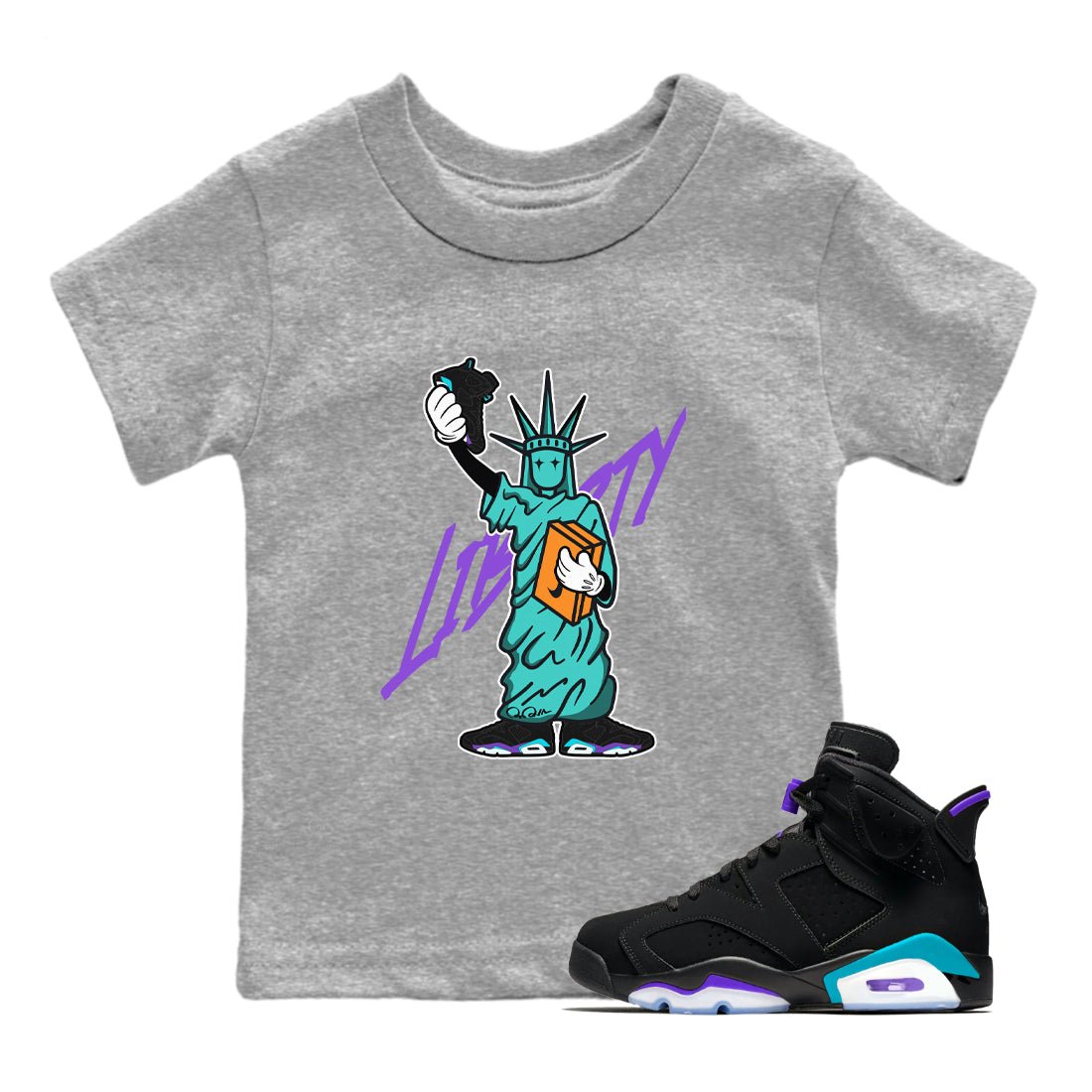 Air Jordan 6 Aqua shirt to match jordans Statue Of Liberty sneaker tees AJ6 Aqua SNRT Sneaker Release Tees Baby Toddler Heather Grey 1 T-Shirt