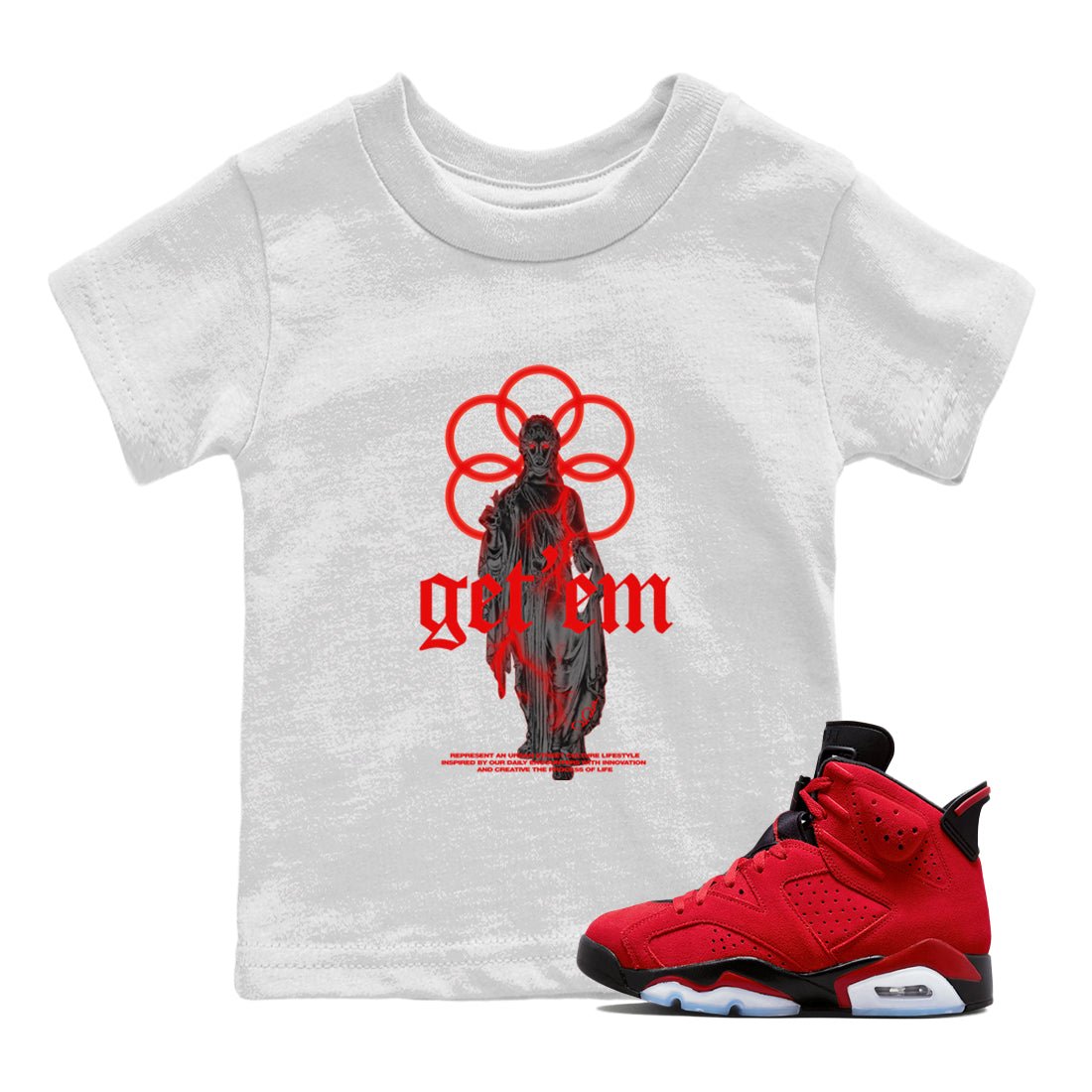 Air Jordan 6 Toro Bravo Sneaker Match Tees Statue Woman Sneaker Tees 3D Graphic Design Shirts AJ6 Toro Bravo Sneaker Release Tees Kids Shirts White 1