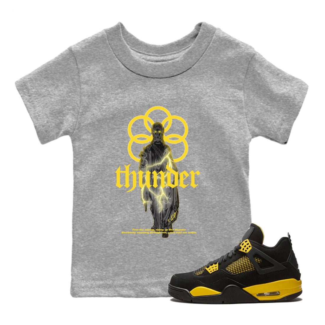 Air Jordan 4 Thunder Sneaker Match Tees Statue Woman Sneaker Tees Yellow AJ4 Thunder Sneaker Release Tees Kids Shirts Heather Grey 1