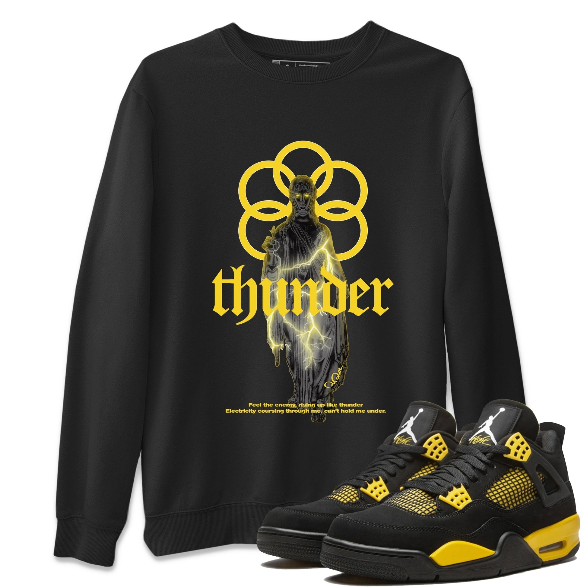 Air Jordan 4 Thunder Sneaker Match Tees Statue Woman Sneaker Tees Yellow AJ4 Thunder Sneaker Release Tees Unisex Shirts Black 1