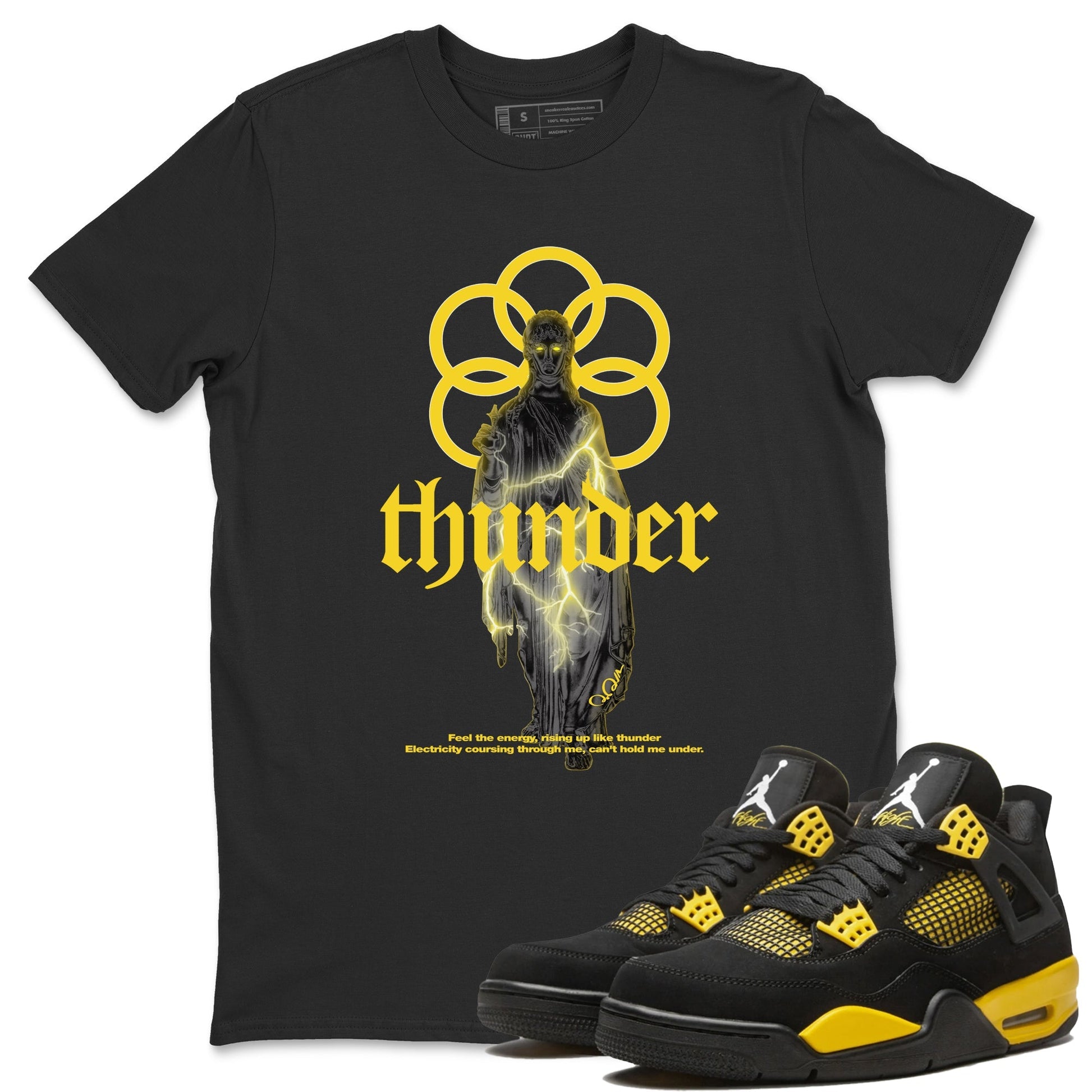 Air Jordan 4 Thunder Sneaker Match Tees Statue Woman Sneaker Tees Yellow AJ4 Thunder Sneaker Release Tees Unisex Shirts Black 1