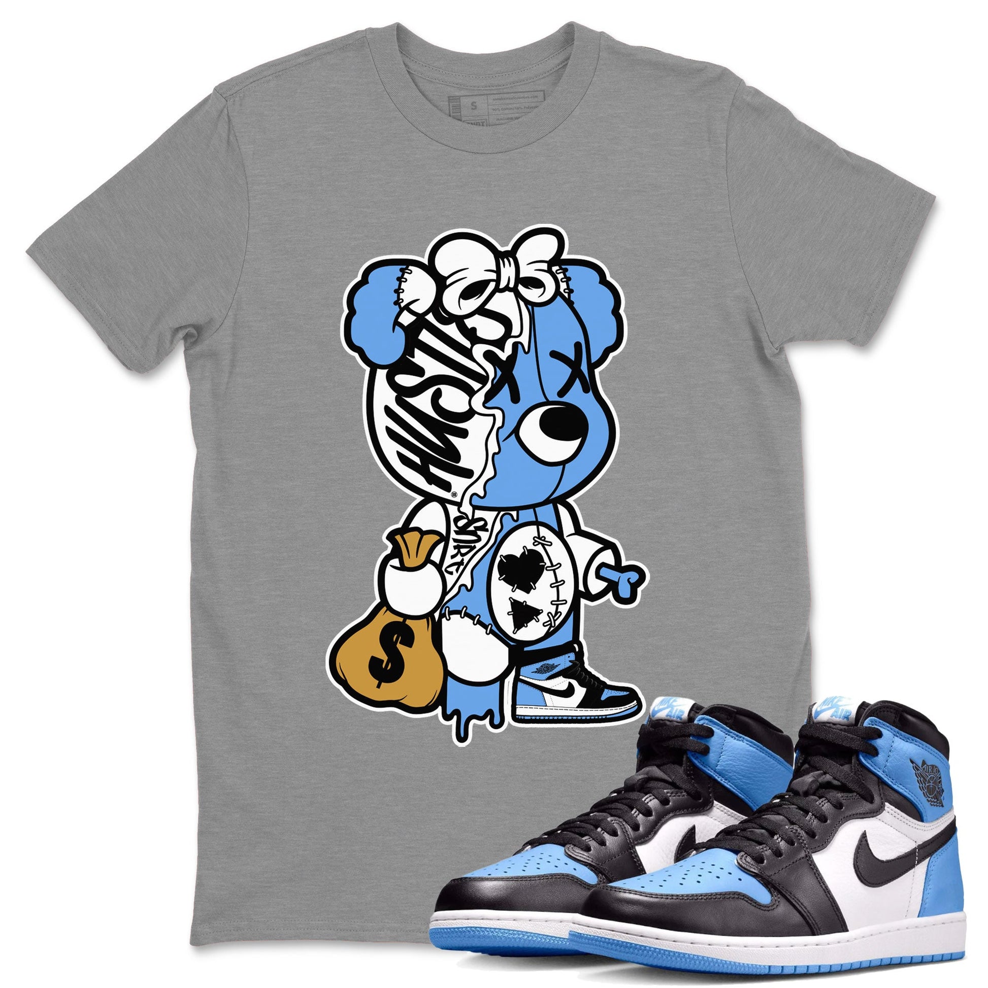 Air Jordan 1 Retro High OG UNC Toe shirt to match jordans Stitched Hustle Bear sneaker tees UNC Toe 1s SNRT Sneaker Release Tees Unisex Heather Grey 2 T-Shirt
