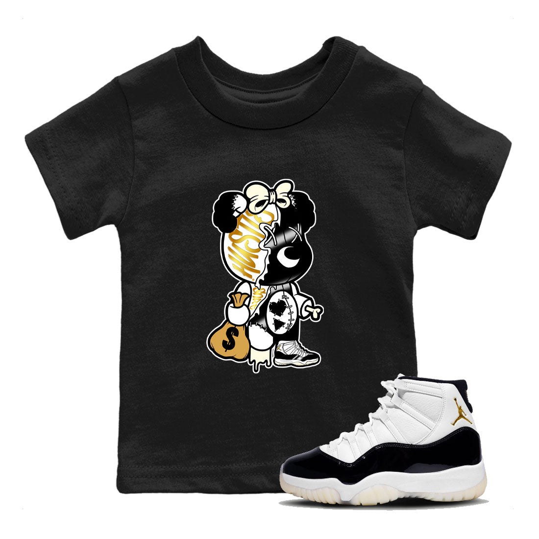 11s Gratitude shirt to match jordans Stitched Hustle Bear sneaker tees Air Jordan 11 Retro Gratitude SNRT Sneaker Tees Youth Kid's Baby Shirt Black 1 T-Shirt