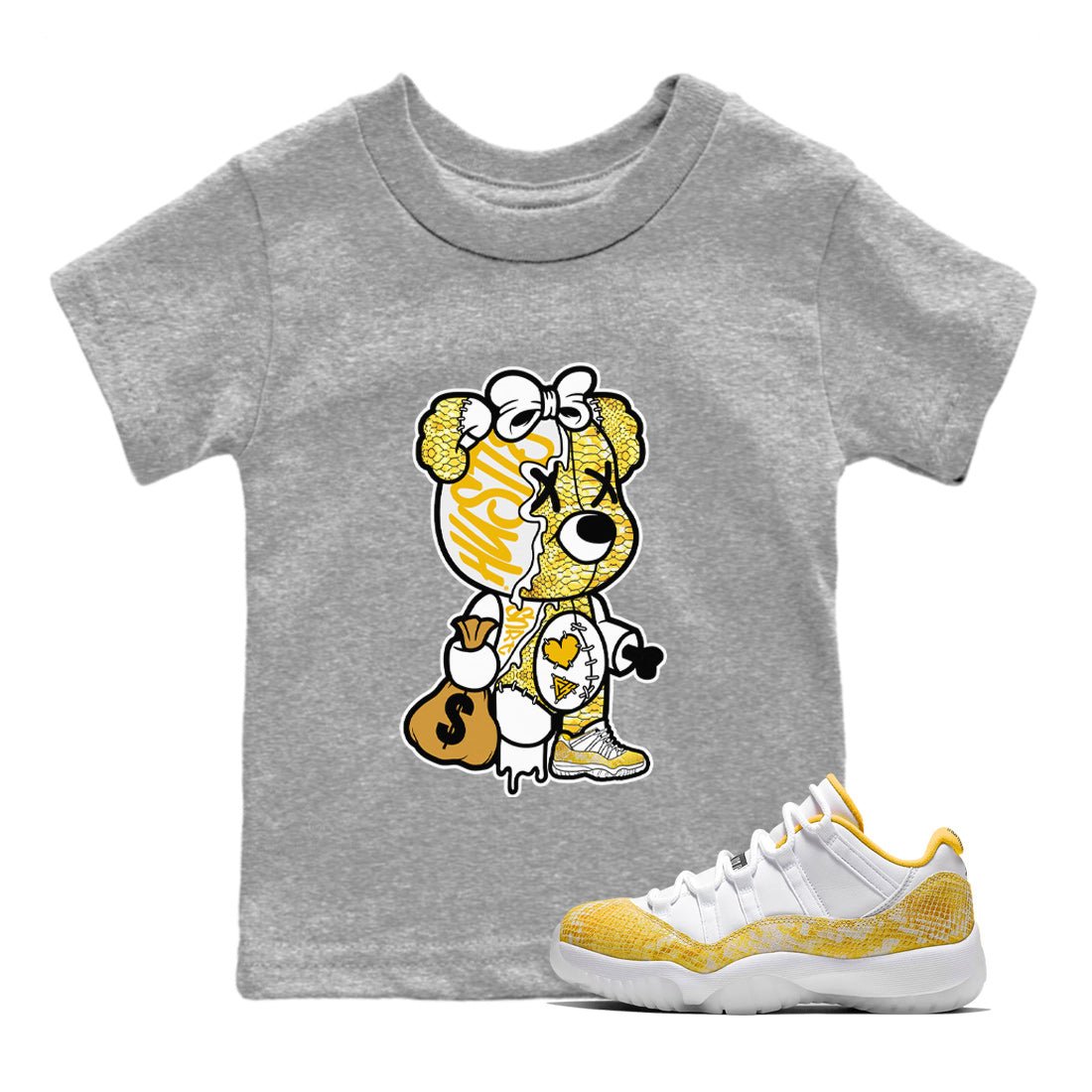 Air Jordan 11 Yellow Python unique Halloween sneaker tee Stitched Hustle Bear Sneaker Tees Air Jordan 11 Yellow Snakeskin Sneaker Release Tees Kids Shirts Heather Grey 1