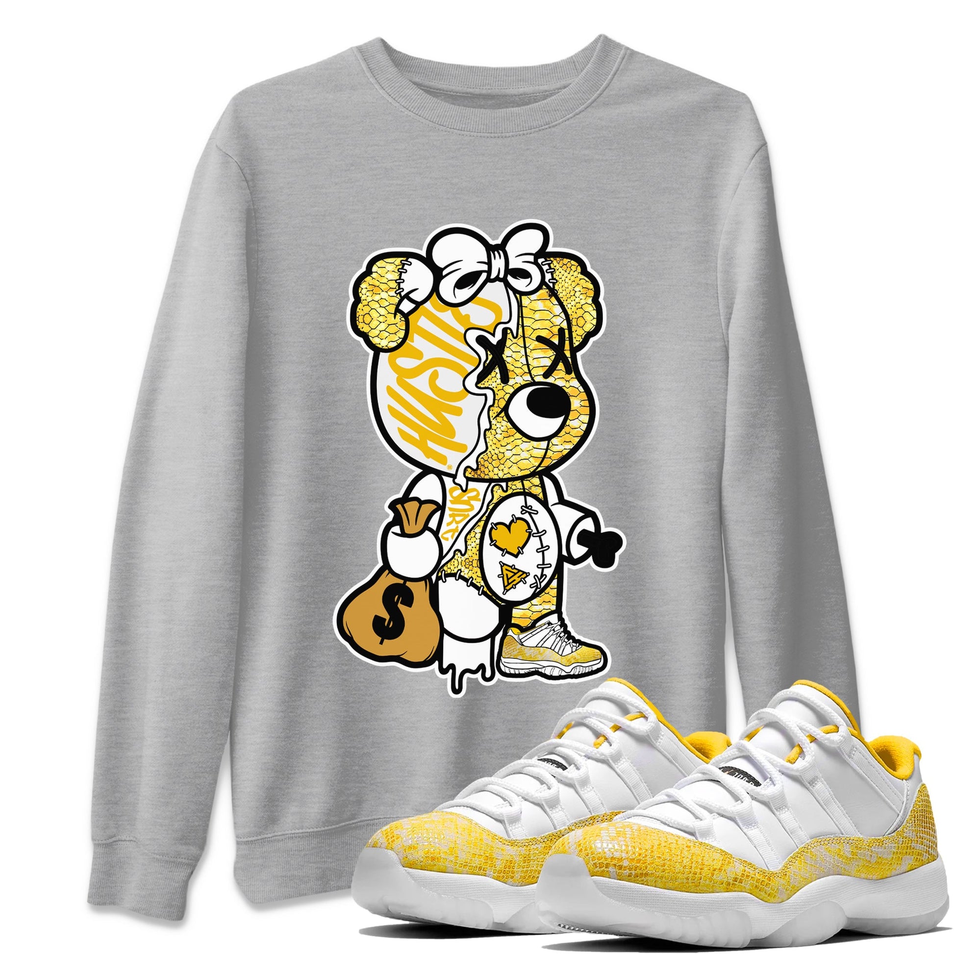 Air Jordan 11 Yellow Python unique Halloween sneaker tee Stitched Hustle Bear Sneaker Tees Air Jordan 11 Yellow Snakeskin Sneaker Release Tees Unisex Shirts Heather Grey 1