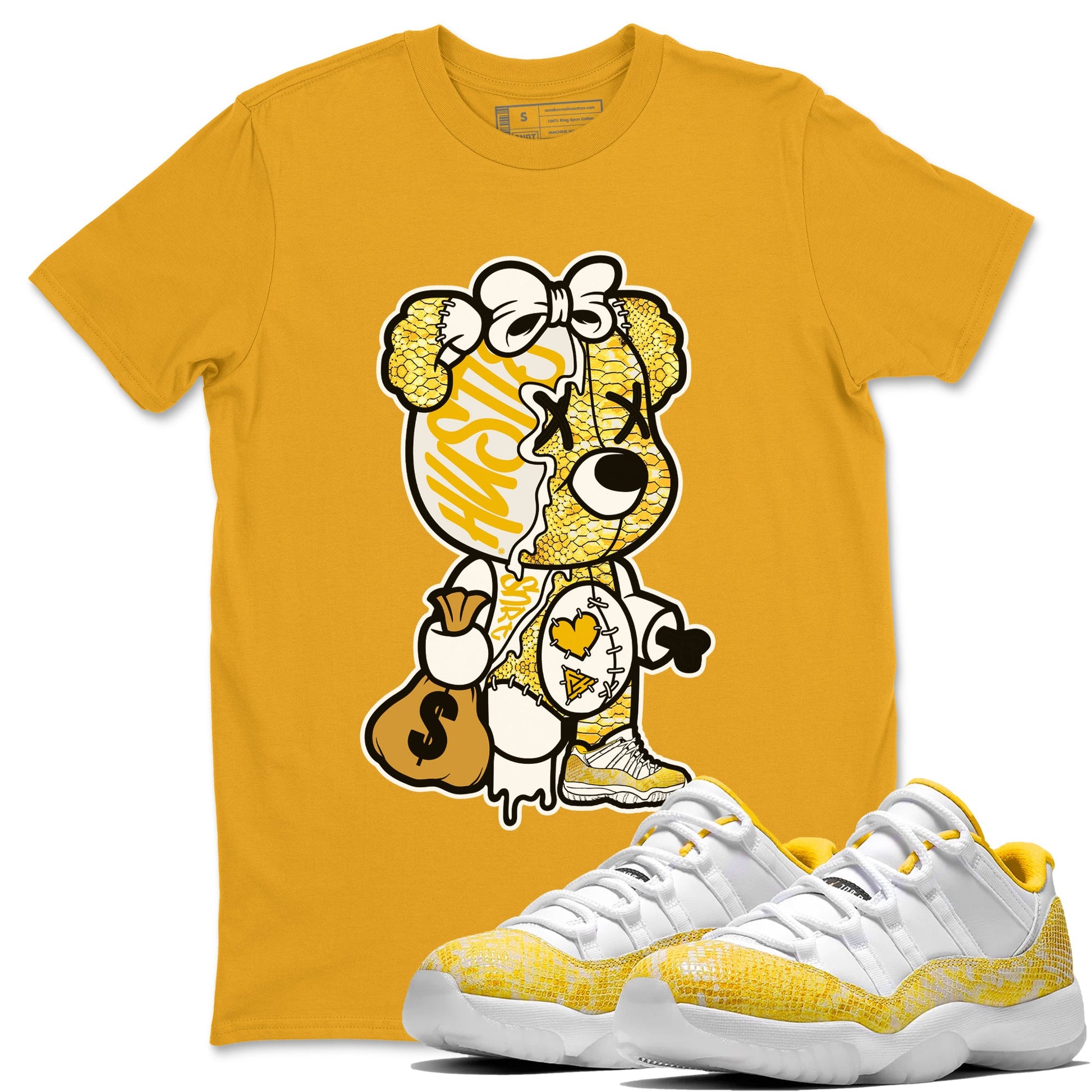 Air Jordan 11 Yellow Python unique Halloween sneaker tee Stitched Hustle Bear Sneaker Tees Air Jordan 11 Yellow Snakeskin Sneaker Release Tees Unisex Shirts Gold 1