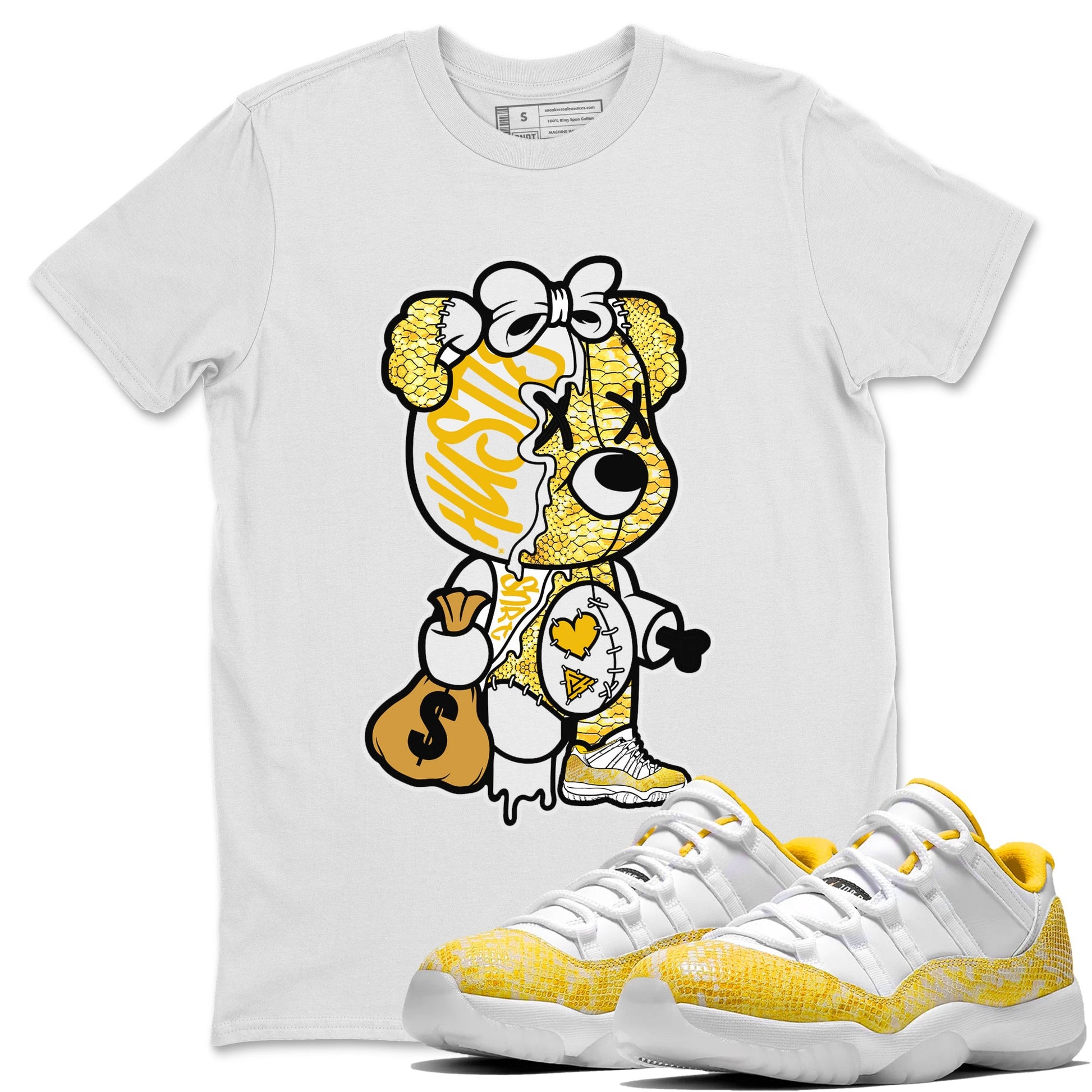Air Jordan 11 Yellow Python unique Halloween sneaker tee Stitched Hustle Bear Sneaker Tees Air Jordan 11 Yellow Snakeskin Sneaker Release Tees Unisex Shirts White 1