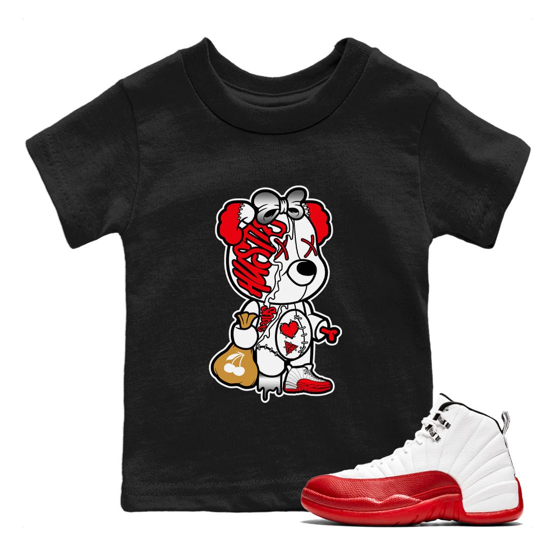 12s Cherry unique Halloween sneaker tee Stitched Hustle Bear Sneaker Tees Air Jordan 12 Cherry Sneaker Release Tees Kids Shirts Black 1